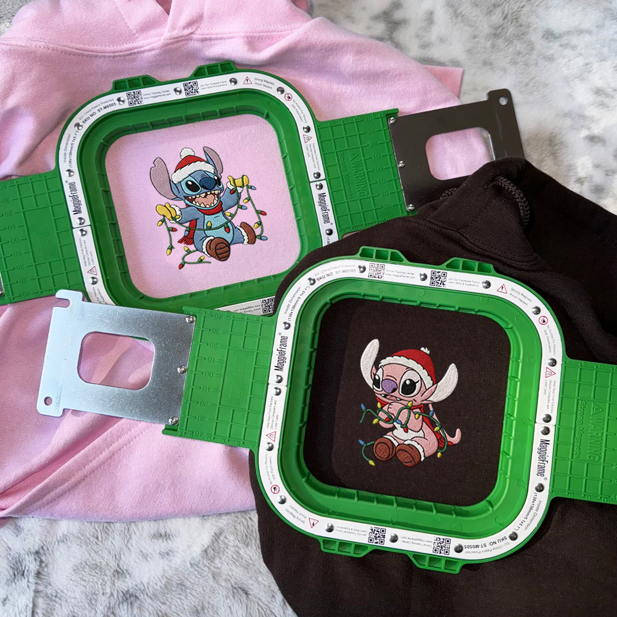 Custom Embroidered Blue Alien and Pink Alien Cartoon Christmas Lights Sweatshirt, Cozy Holiday Hoodie Matching for Couples