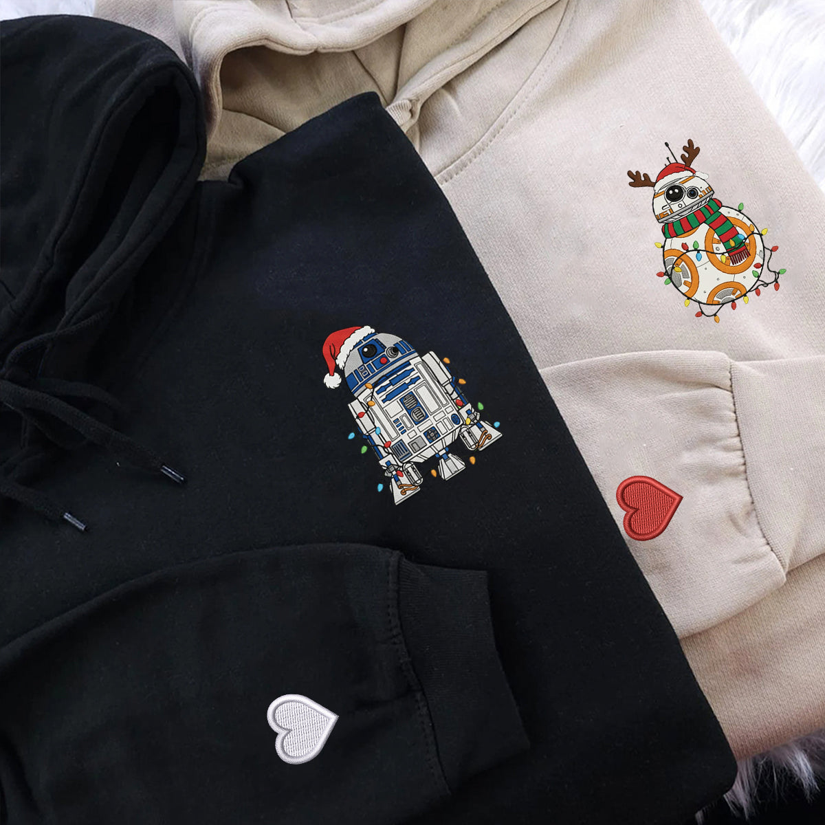 Custom Embroidered Blue Droid and Orange Droid Christmas Sweatshirt, Cozy Holiday Hoodie Matching for Couples