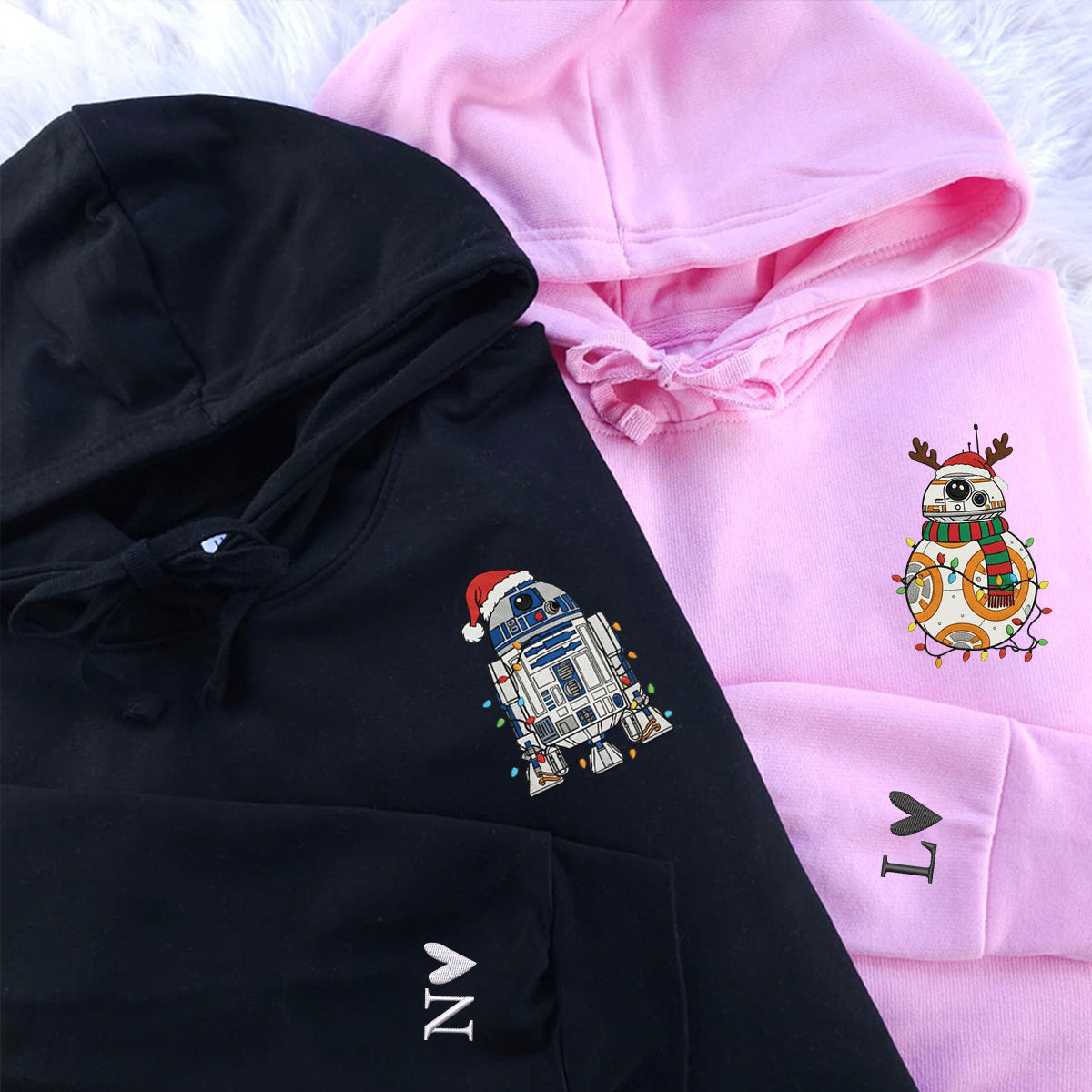 Custom Embroidered Blue Droid and Orange Droid Christmas Sweatshirt, Cozy Holiday Hoodie Matching for Couples