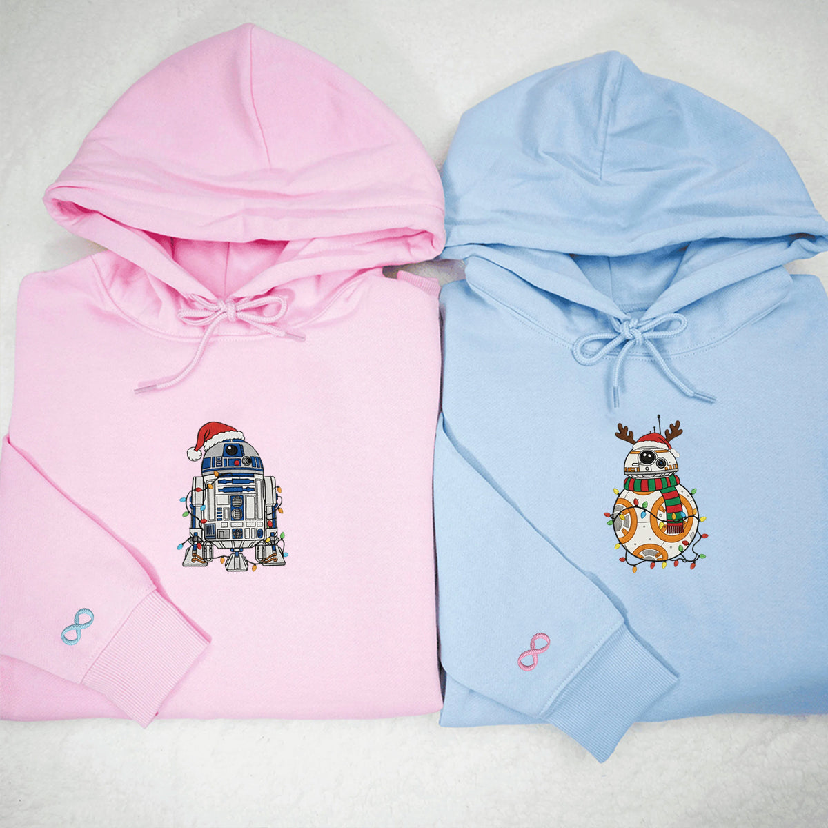 Custom Embroidered Blue Droid and Orange Droid Christmas Sweatshirt, Cozy Holiday Hoodie Matching for Couples