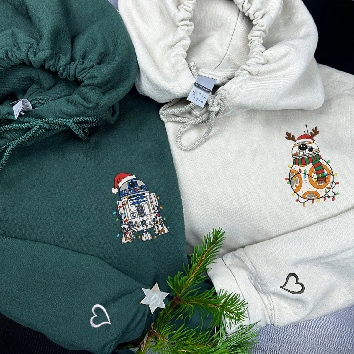 Custom Embroidered Blue Droid and Orange Droid Christmas Sweatshirt, Cozy Holiday Hoodie Matching for Couples