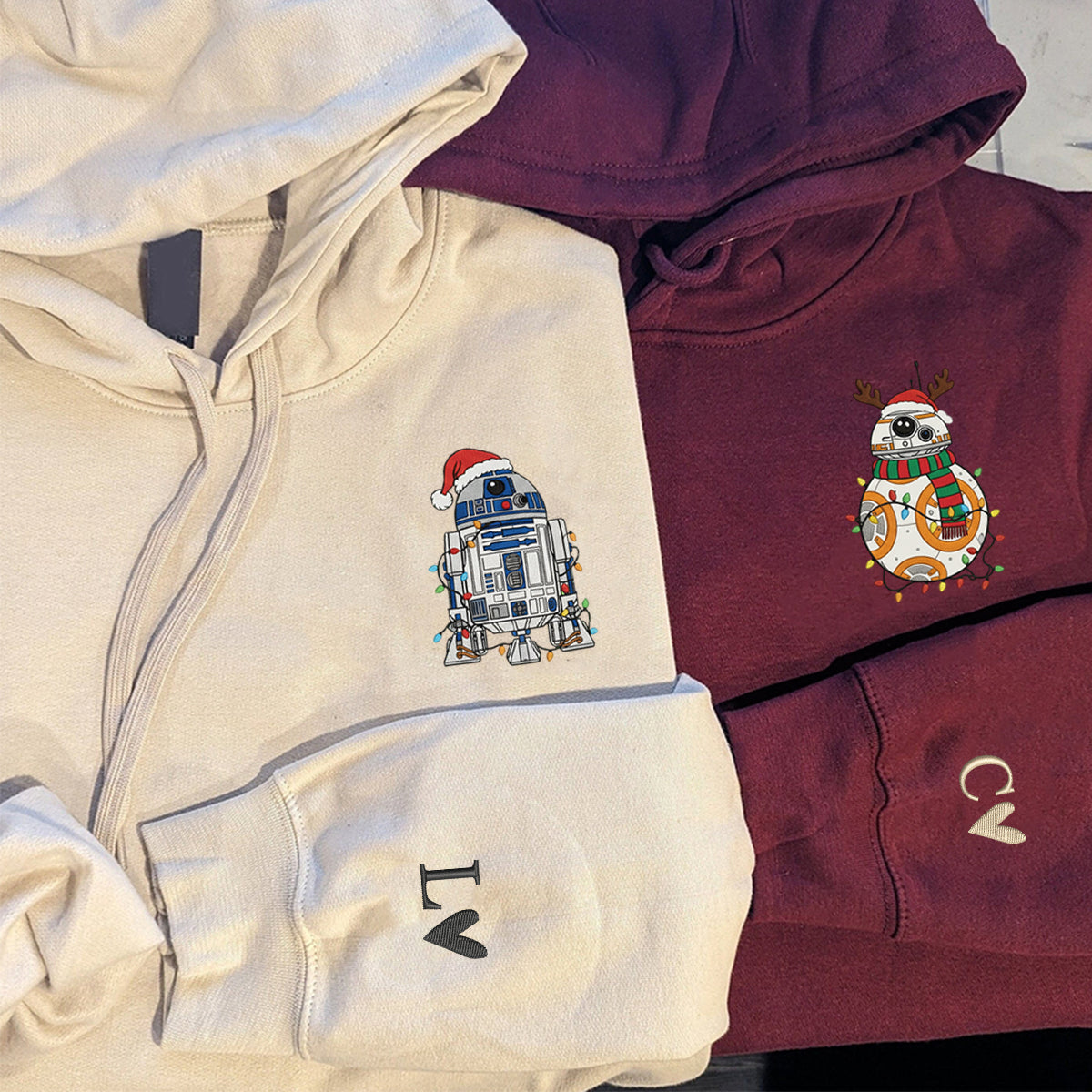 Custom Embroidered Blue Droid and Orange Droid Christmas Sweatshirt, Cozy Holiday Hoodie Matching for Couples
