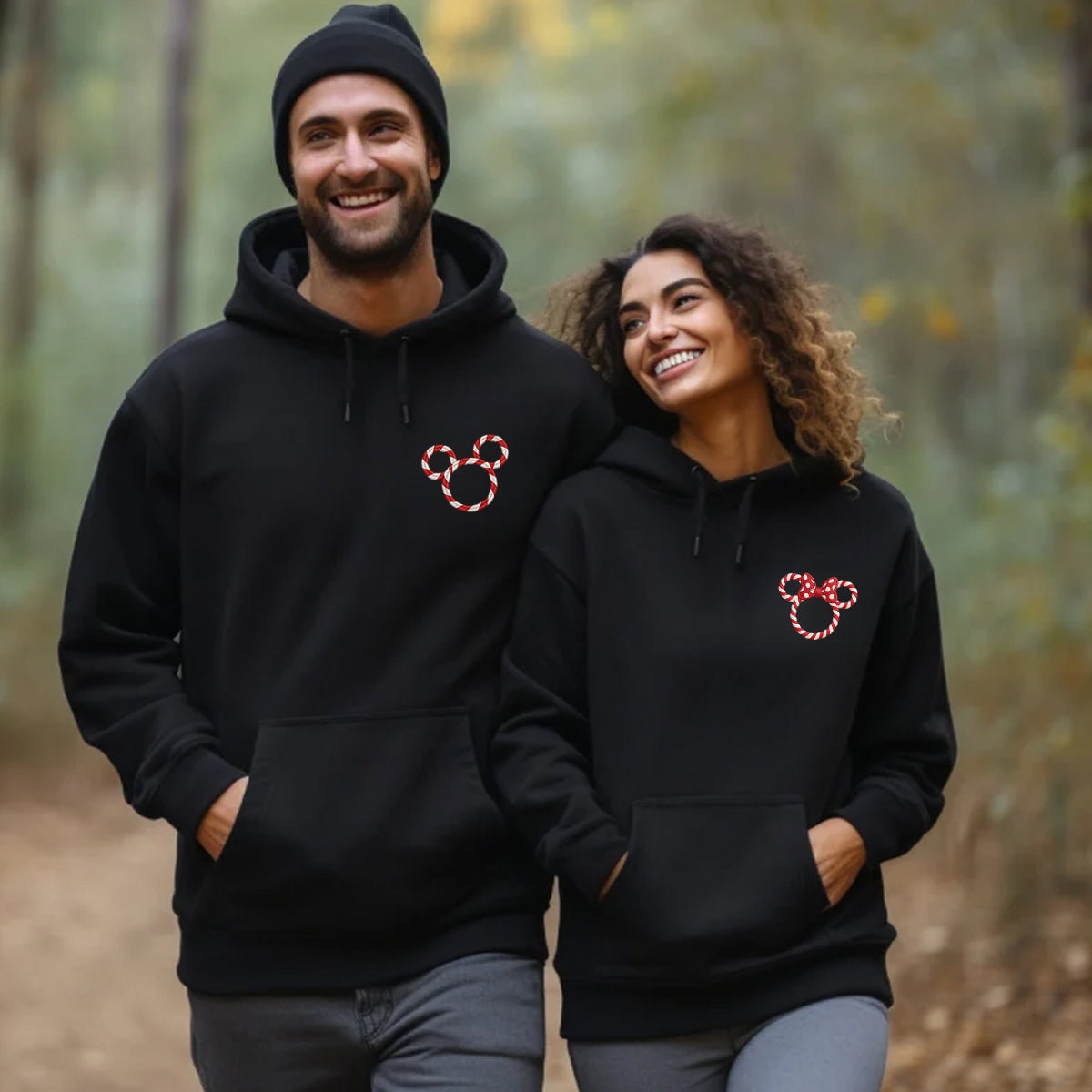 Custom Embroidered Candy Cane Mouse Couple Christmas Sweatshirt, Custom Holiday Hoodie Matching for Couples