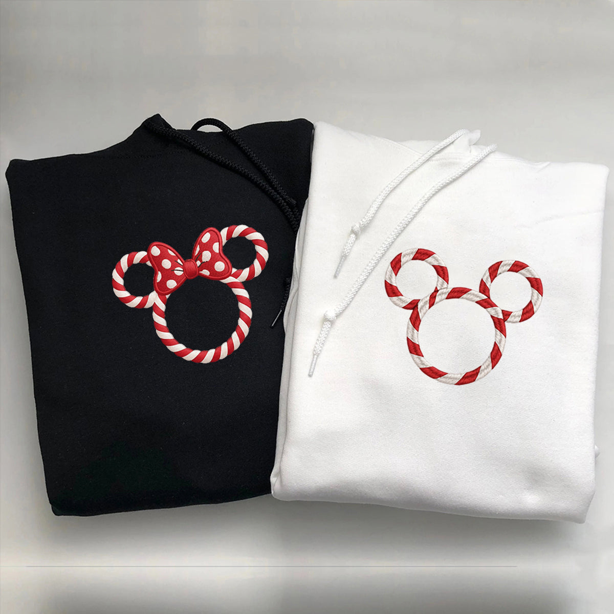 Custom Embroidered Candy Cane Mouse Couple Christmas Sweatshirt, Custom Holiday Hoodie Matching for Couples