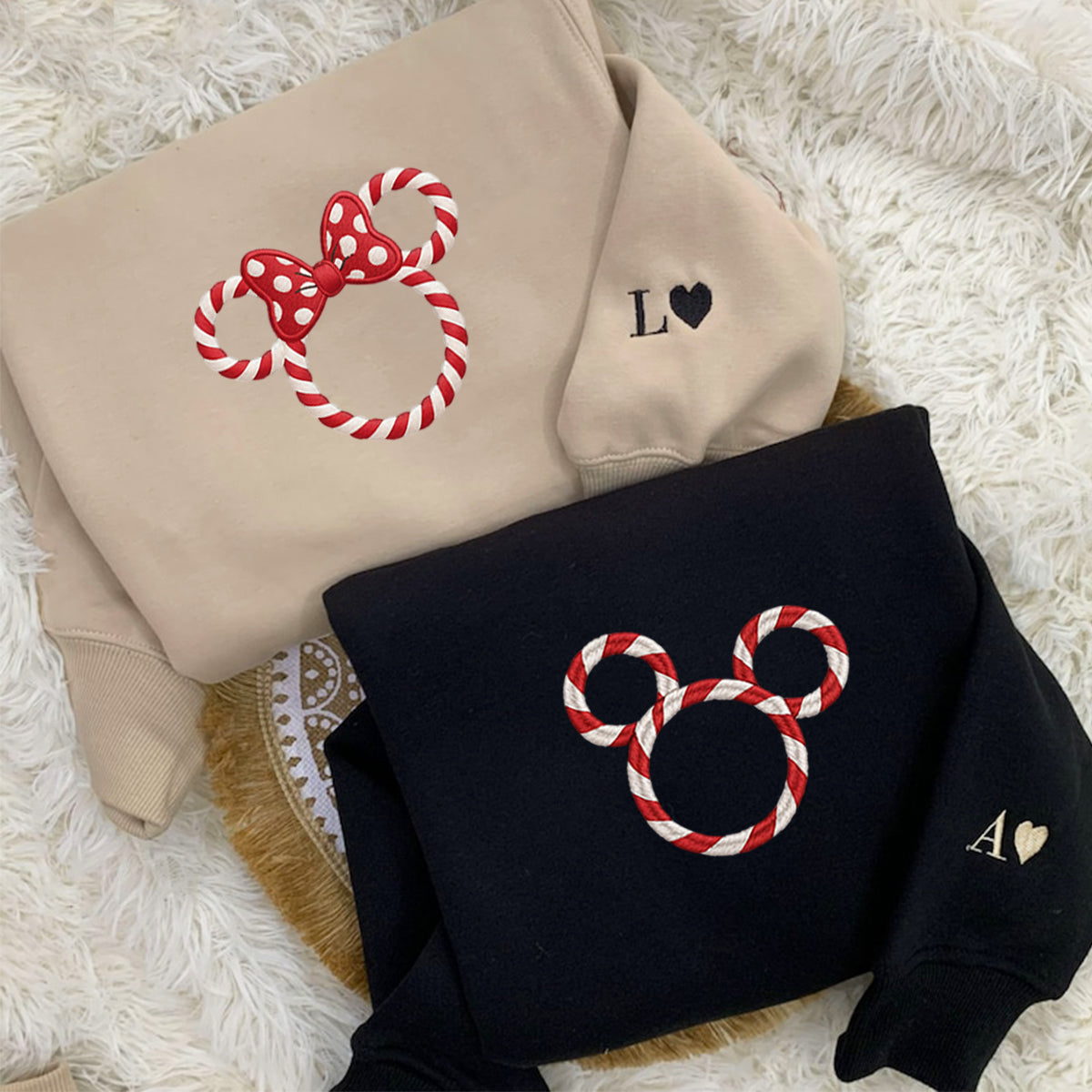 Custom Embroidered Candy Cane Mouse Couple Christmas Sweatshirt, Custom Holiday Hoodie Matching for Couples