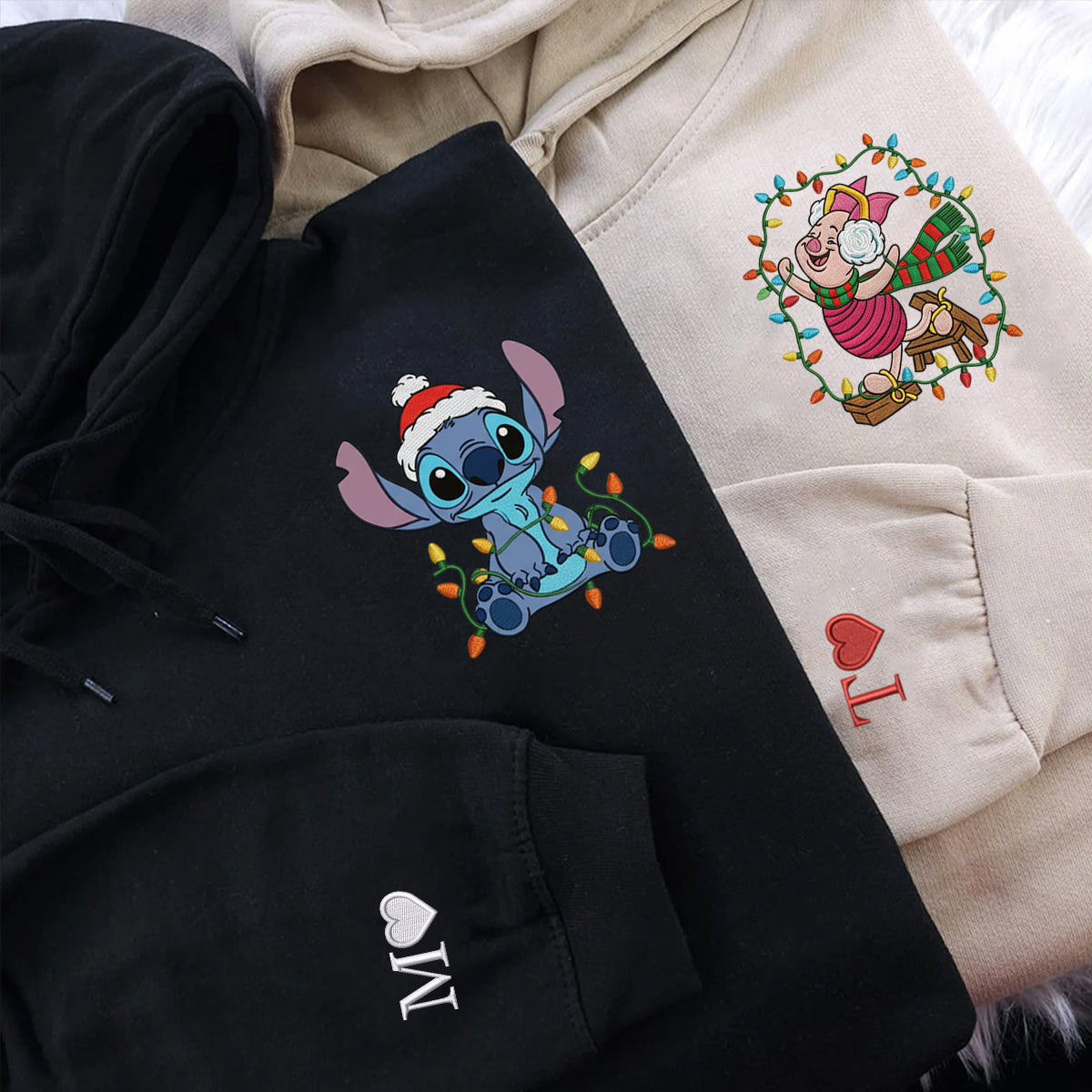 Custom Embroidered Cartoon Alien Buddy and Pig Friend Christmas Hoodie, Warm Festive Sweatshirt Matching for Couples