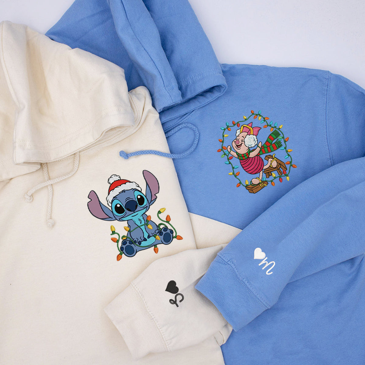 Custom Embroidered Cartoon Alien Buddy and Pig Friend Christmas Hoodie, Warm Festive Sweatshirt Matching for Couples