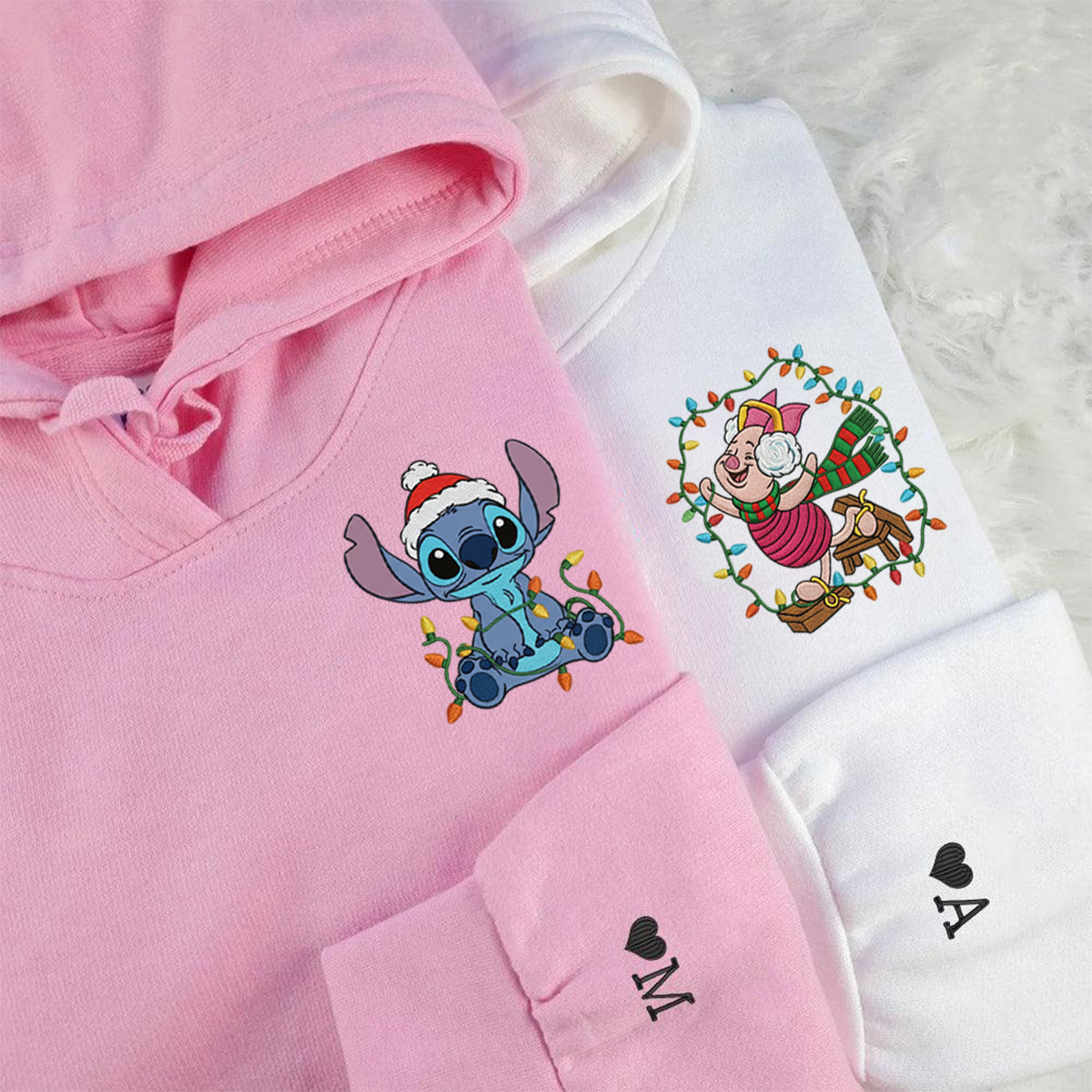 Custom Embroidered Cartoon Alien Buddy and Pig Friend Christmas Hoodie, Warm Festive Sweatshirt Matching for Couples