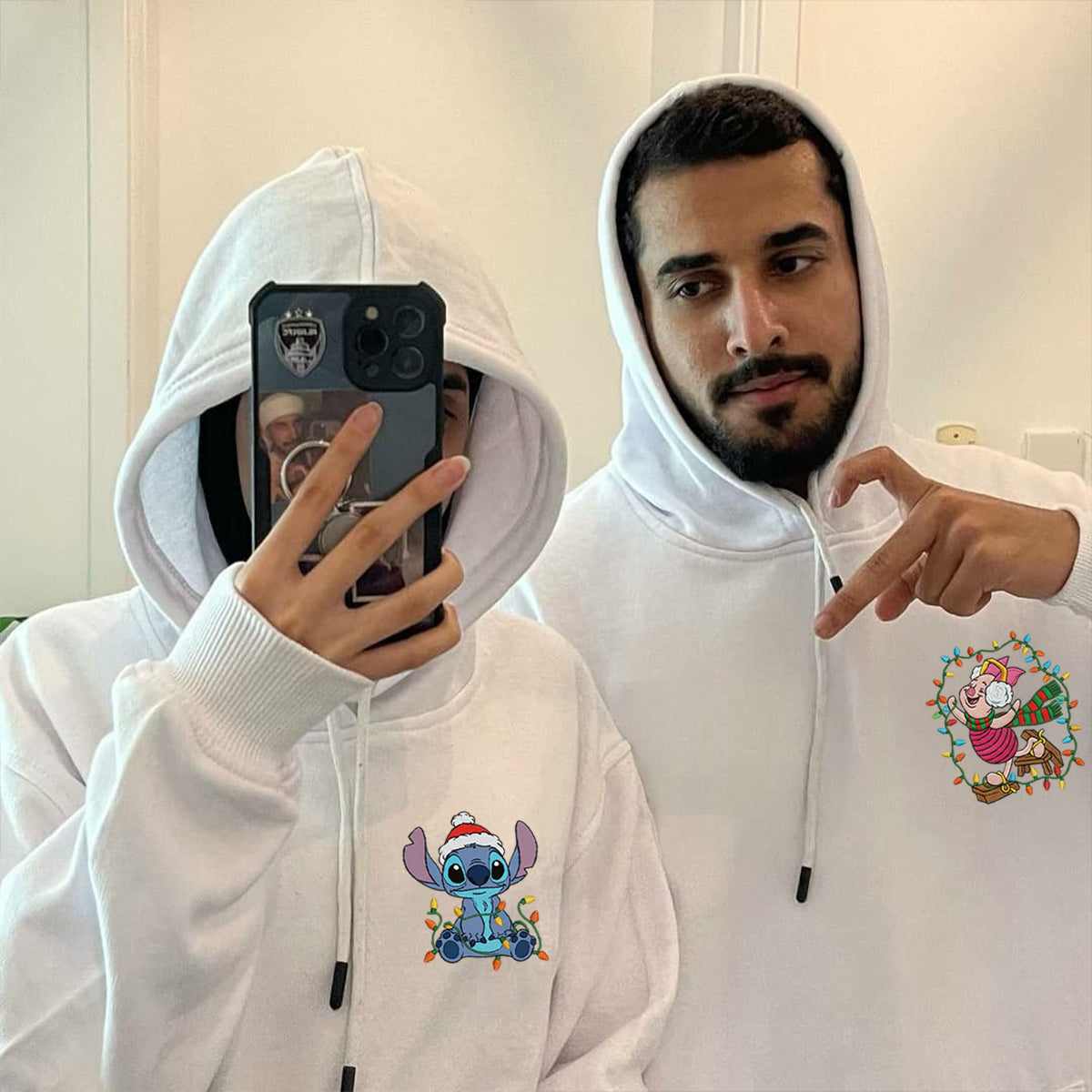 Custom Embroidered Cartoon Alien Buddy and Pig Friend Christmas Hoodie, Warm Festive Sweatshirt Matching for Couples