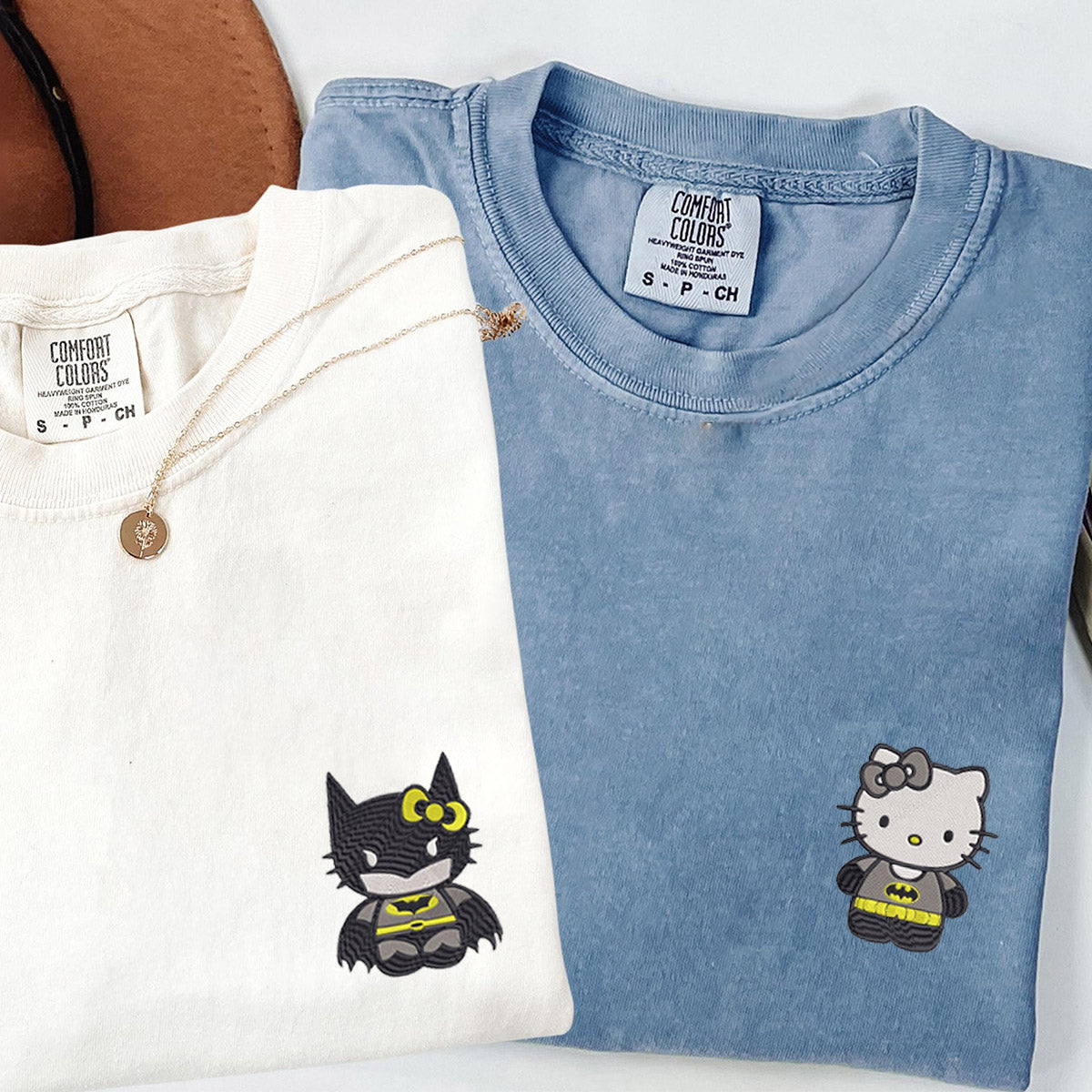 Custom Embroidered Cartoon Bat x Kitten Matching T-shirts for Couples