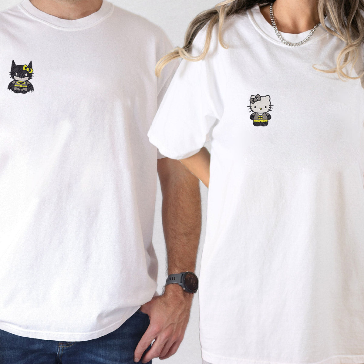 Custom Embroidered Cartoon Bat x Kitten Matching T-shirts for Couples