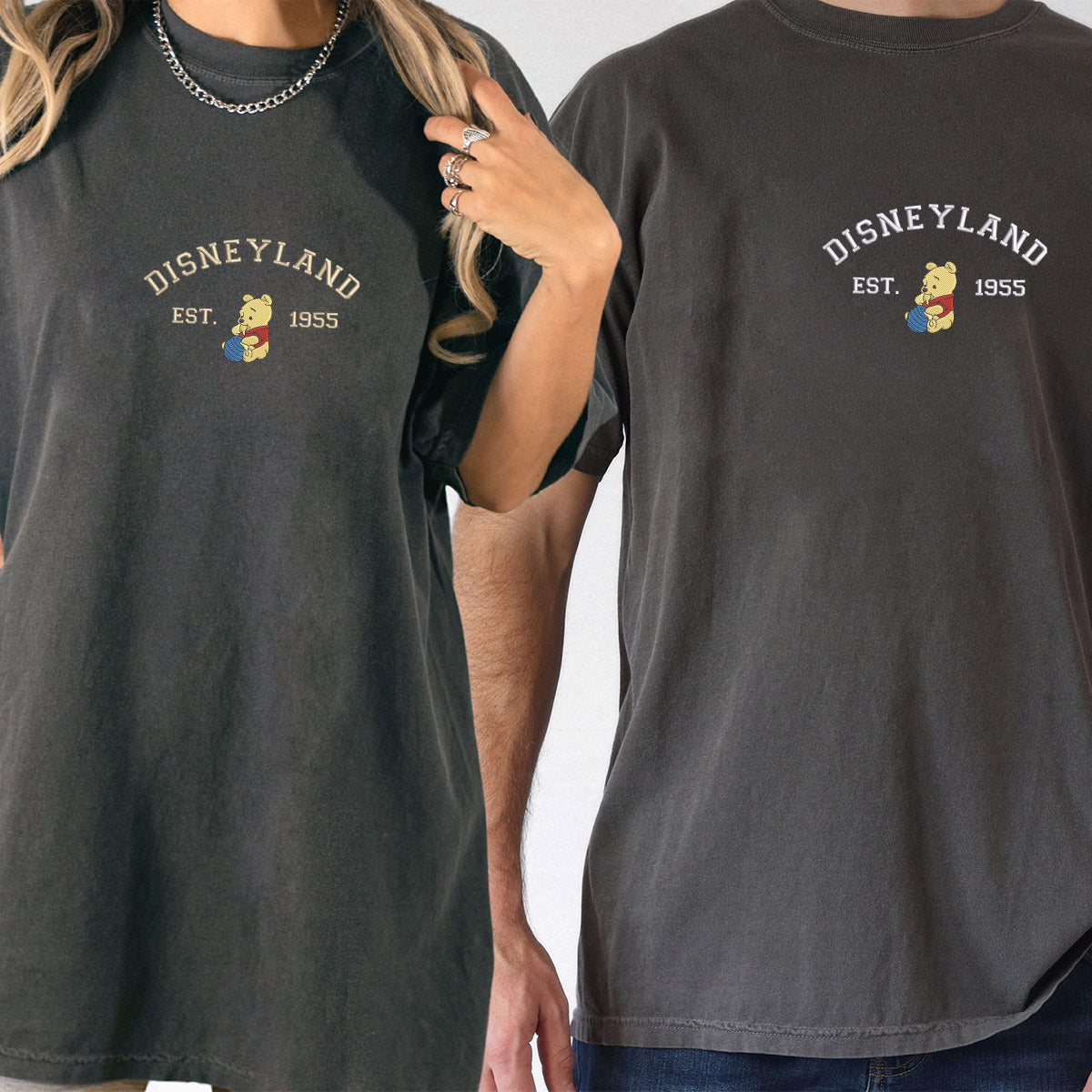 Custom Embroidered Cartoon Bear Inspired Matching T-shirts for Couples