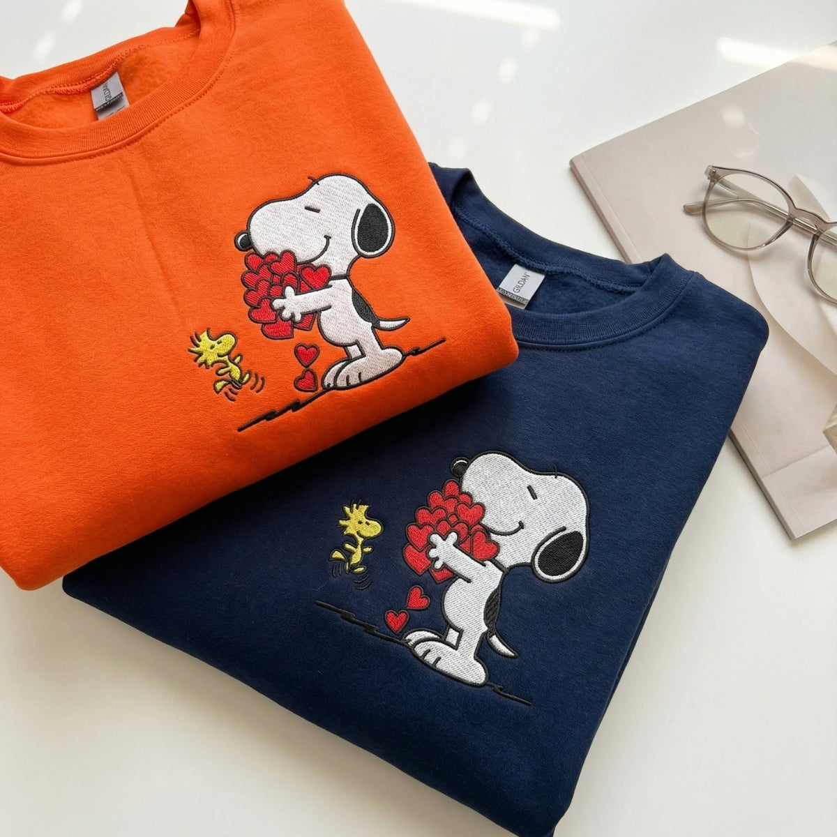 Custom Embroidered Cartoon Dog Hearts Hoodie - Matching Valentine Sweatshirt for Couples