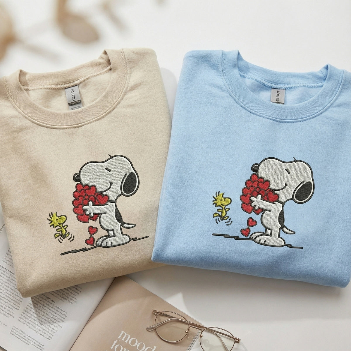 Custom Embroidered Cartoon Dog Hearts Hoodie - Matching Valentine Sweatshirt for Couples