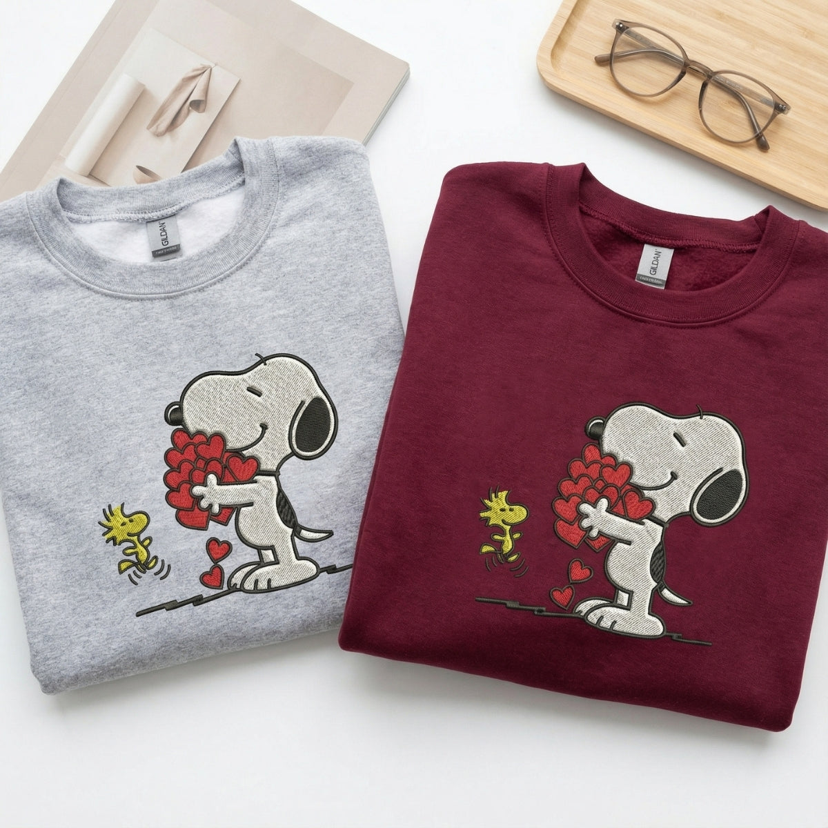 Custom Embroidered Cartoon Dog Hearts Hoodie - Matching Valentine Sweatshirt for Couples