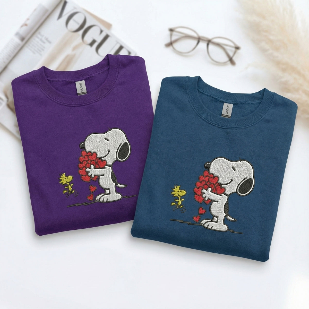 Custom Embroidered Cartoon Dog Hearts Hoodie - Matching Valentine Sweatshirt for Couples