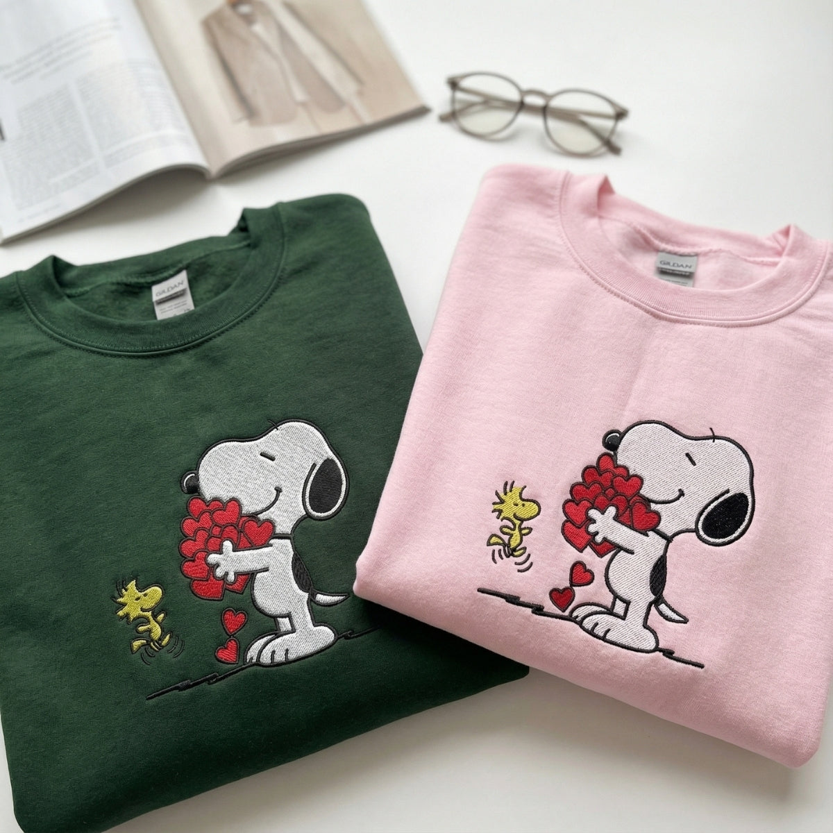 Custom Embroidered Cartoon Dog Hearts Hoodie - Matching Valentine Sweatshirt for Couples