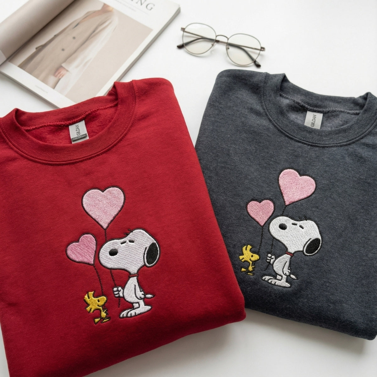 Custom Embroidered Cartoon Dog and Bird Hoodie, Cute Valentine Sweatshirt Matching for Couples