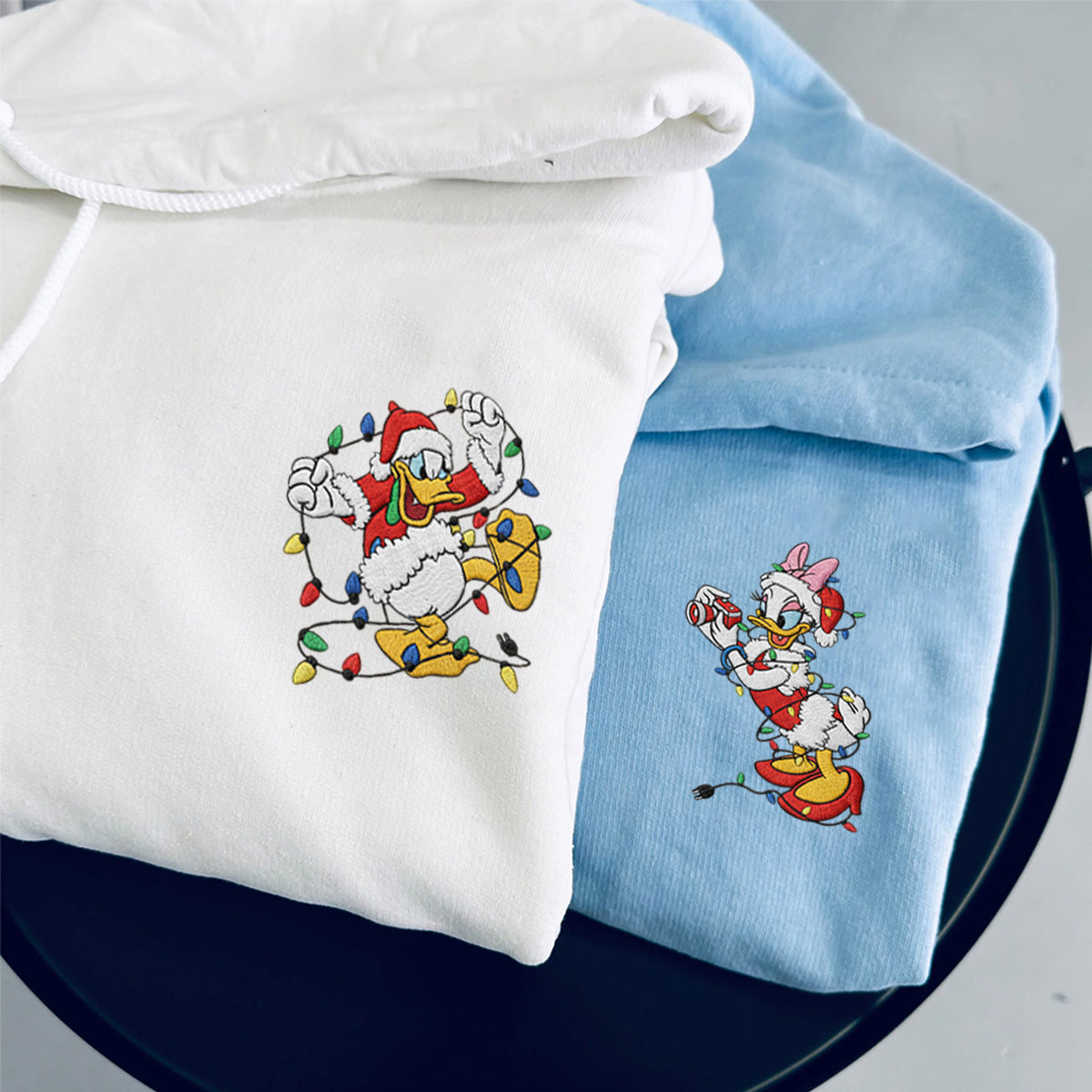 Custom Embroidered Cartoon Duck Couple Christmas Sweatshirt, Cozy Holiday Hoodie Matching for Couples