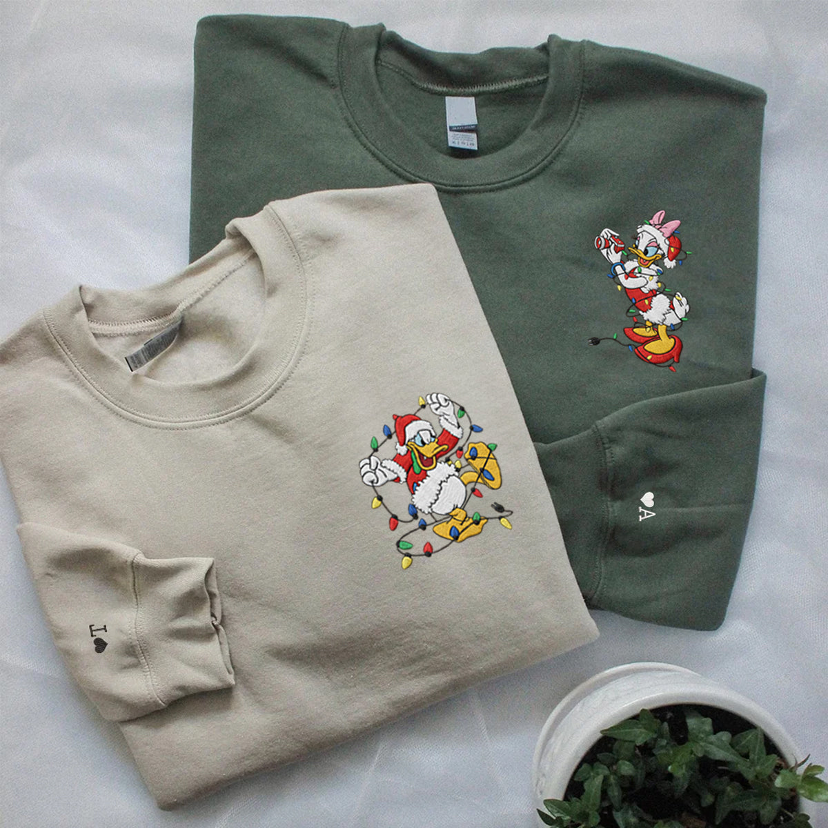Custom Embroidered Cartoon Duck Couple Christmas Sweatshirt, Cozy Holiday Hoodie Matching for Couples