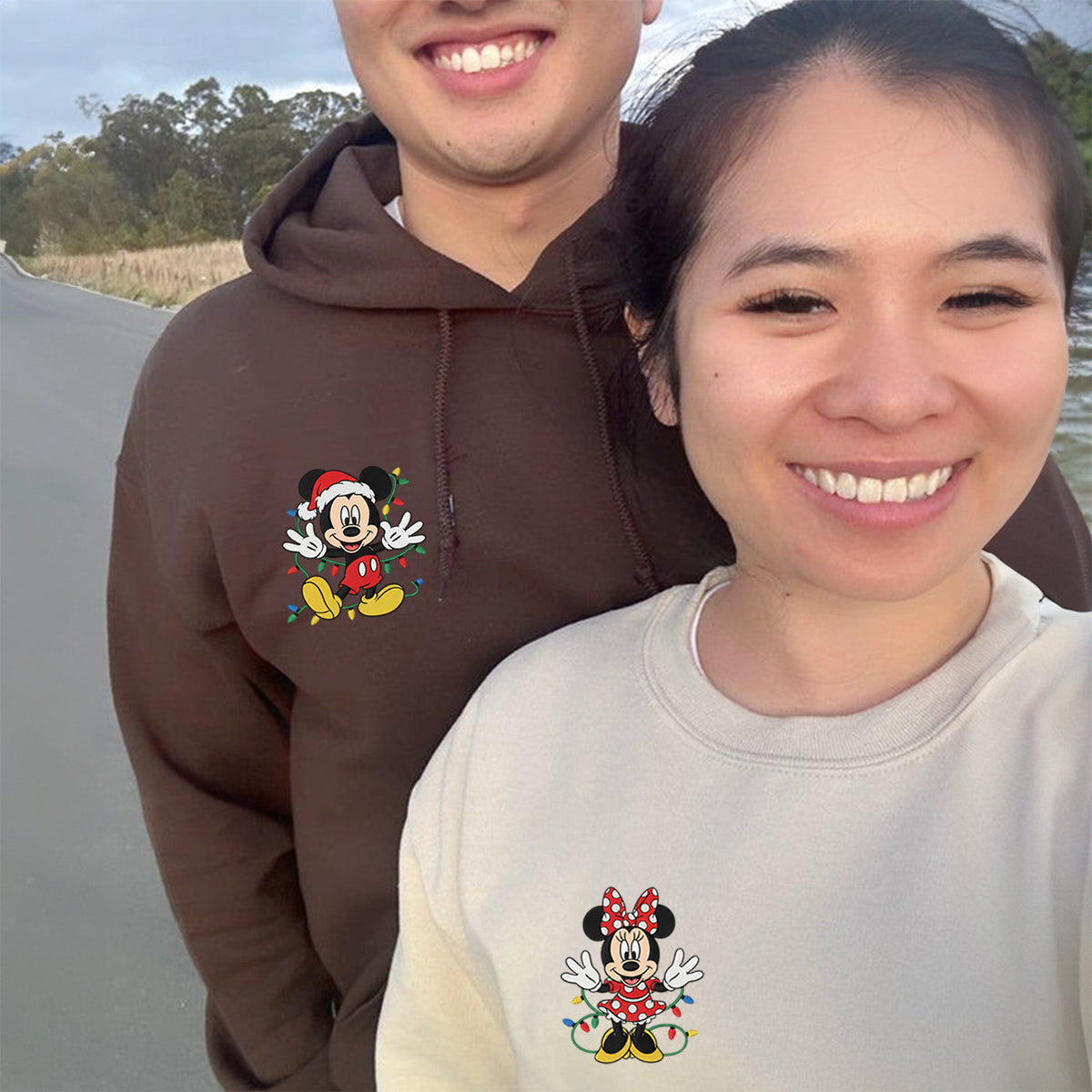 Custom Embroidered Cartoon Mouse Couple Christmas Hoodie, Cozy Holiday Season Sweatshirt Matching for Couples
