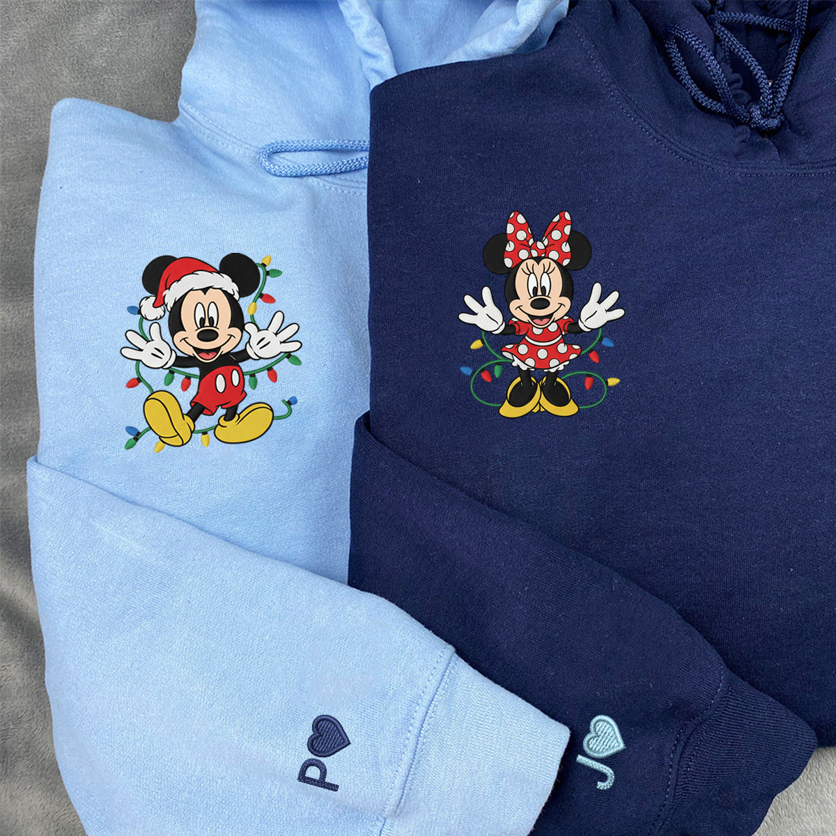 Custom Embroidered Cartoon Mouse Couple Christmas Hoodie, Cozy Holiday Season Sweatshirt Matching for Couples
