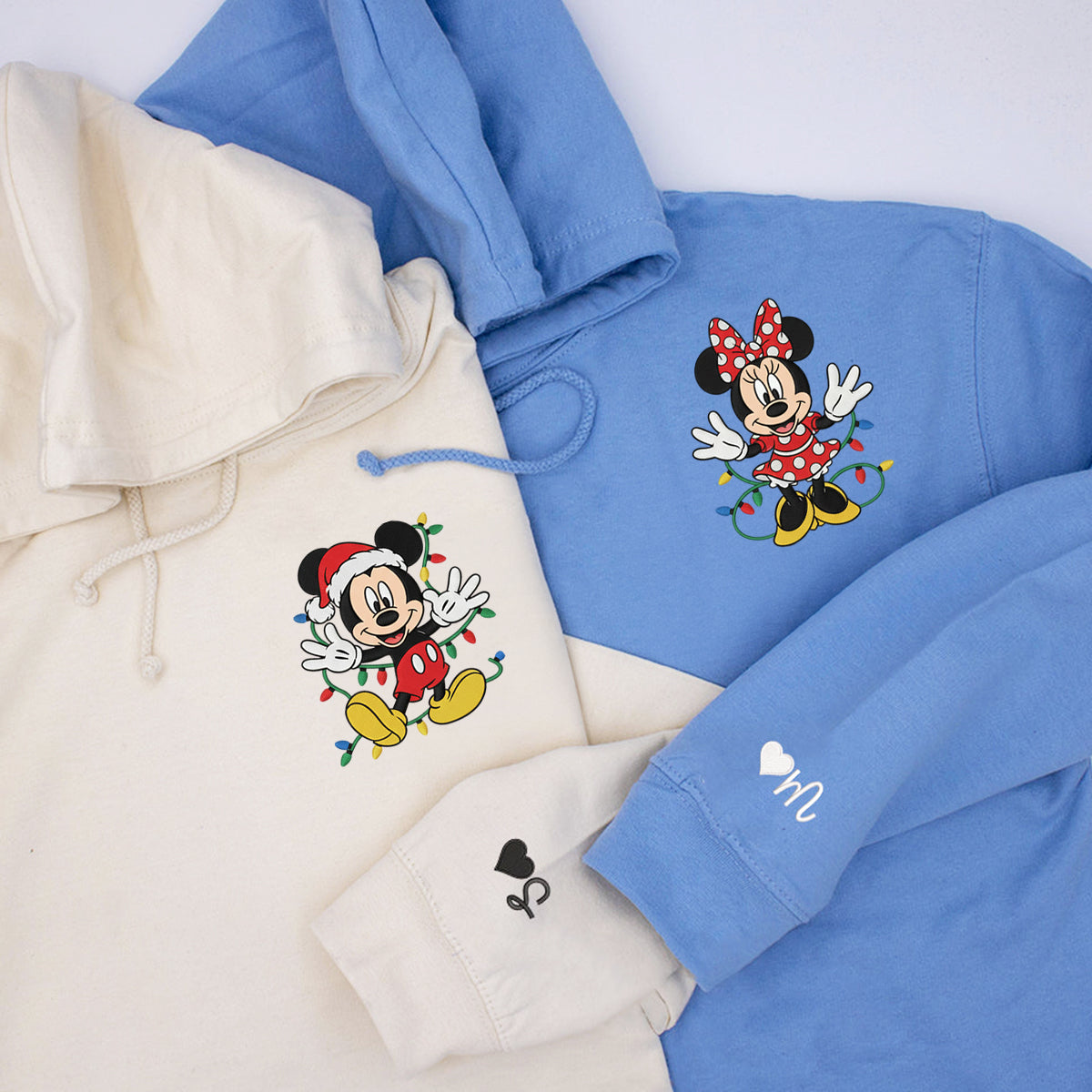 Custom Embroidered Cartoon Mouse Couple Christmas Hoodie, Cozy Holiday Season Sweatshirt Matching for Couples