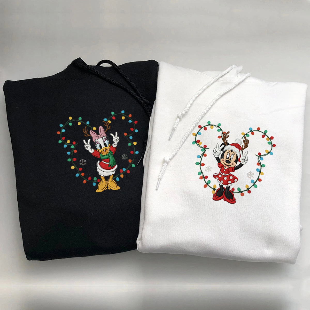 Custom Embroidered Cartoon Mouse & Duck Bestie Christmas Sweatshirt, Cozy Holiday Hoodie Matching for Couples
