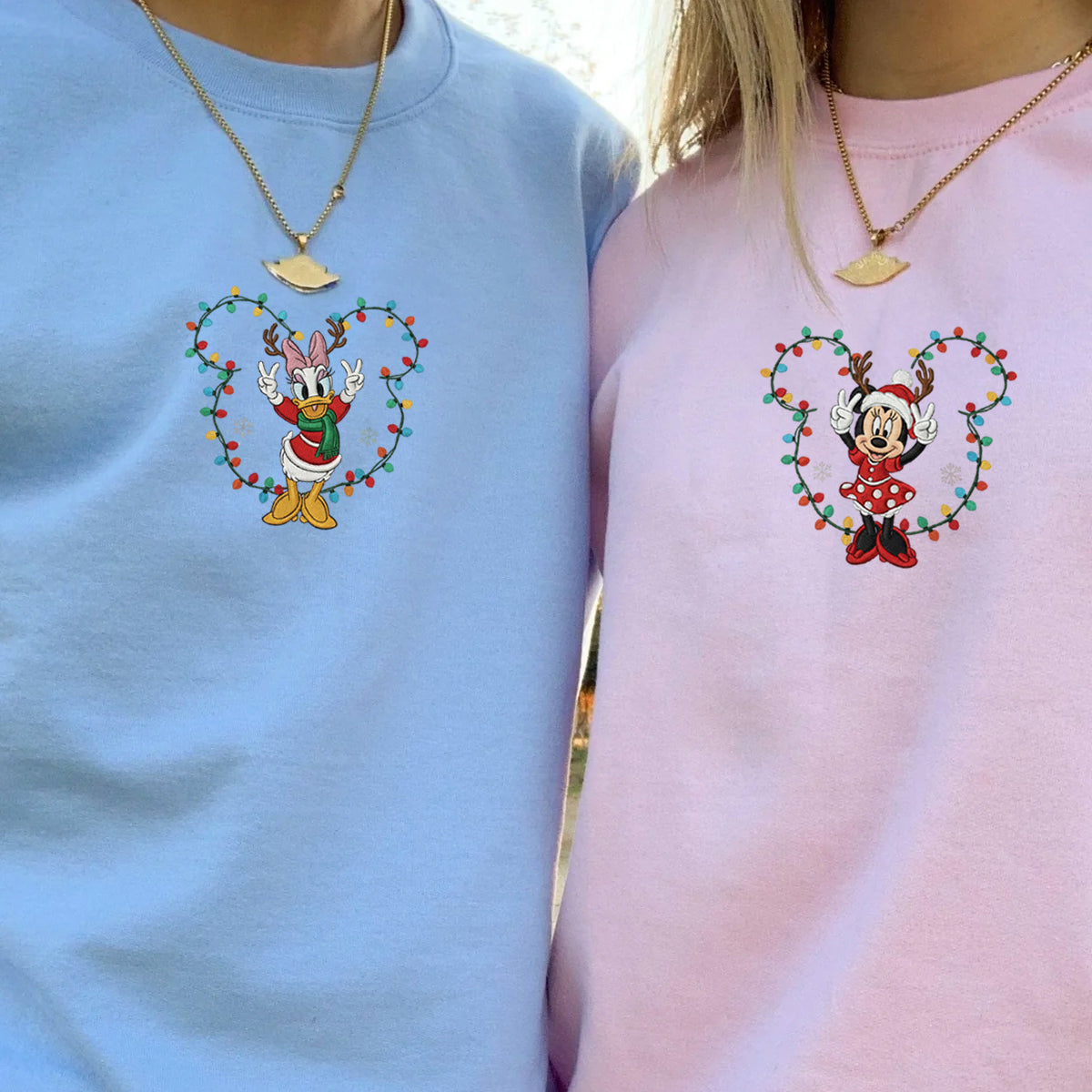 Custom Embroidered Cartoon Mouse & Duck Bestie Christmas Sweatshirt, Cozy Holiday Hoodie Matching for Couples