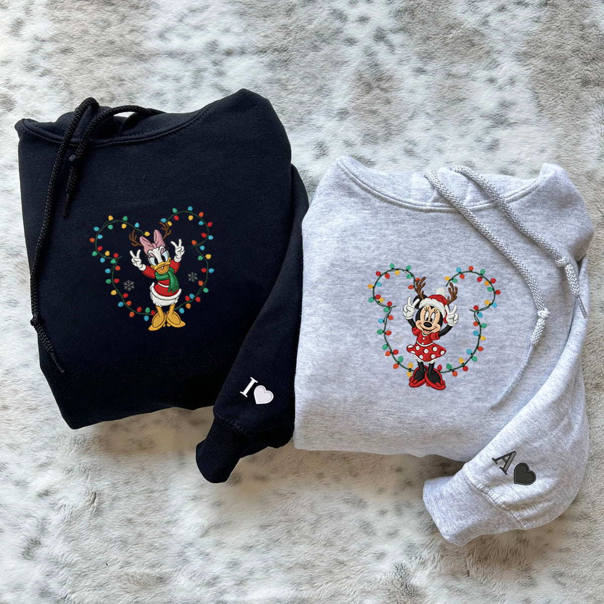 Custom Embroidered Cartoon Mouse & Duck Bestie Christmas Sweatshirt, Cozy Holiday Hoodie Matching for Couples