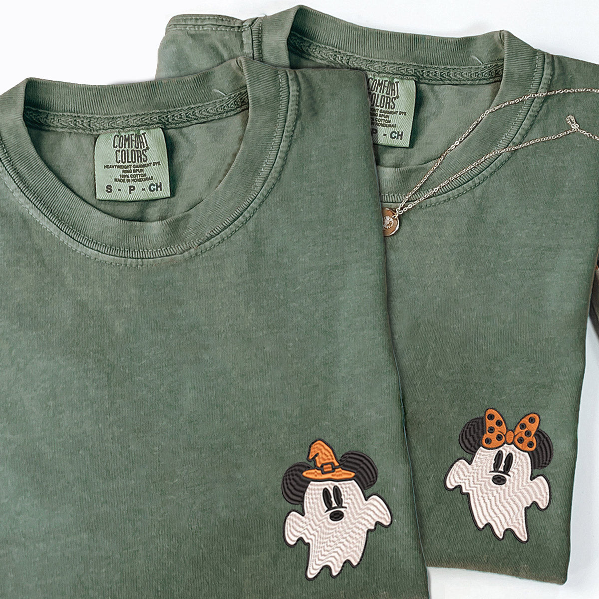 Custom Embroidered Cartoon Mouse Ghost Spooky V4 Matching T-shirts for Couples