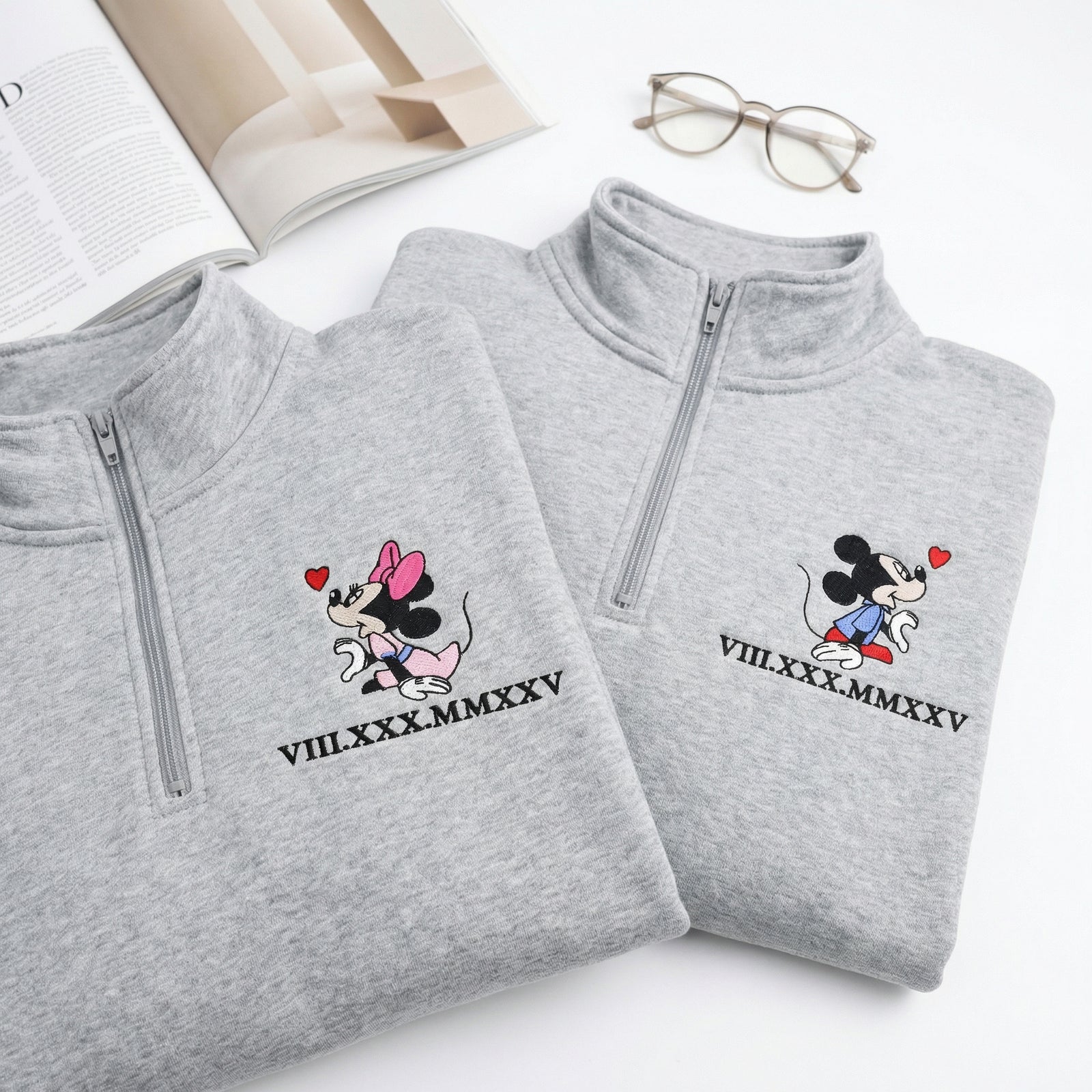 Custom Embroidered Cartoon Mouse Heart Roman Numeral Date Matching Quarter Zip Sweatshirts & Full-Zip Hoodie for Couples