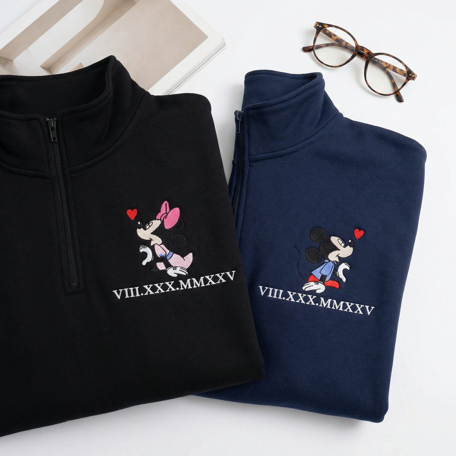 Custom Embroidered Cartoon Mouse Heart Roman Numeral Date Matching Quarter Zip Sweatshirts & Full-Zip Hoodie for Couples