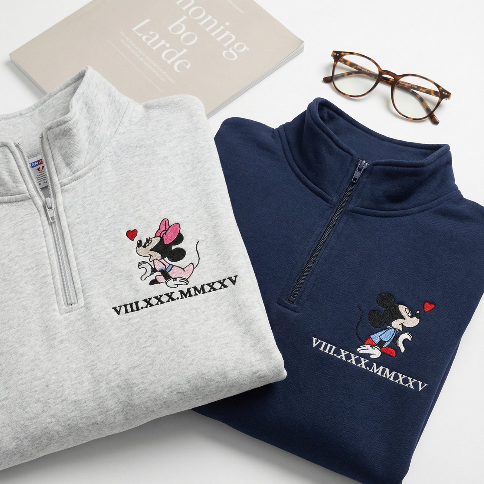 Custom Embroidered Cartoon Mouse Heart Roman Numeral Date Matching Quarter Zip Sweatshirts & Full-Zip Hoodie for Couples