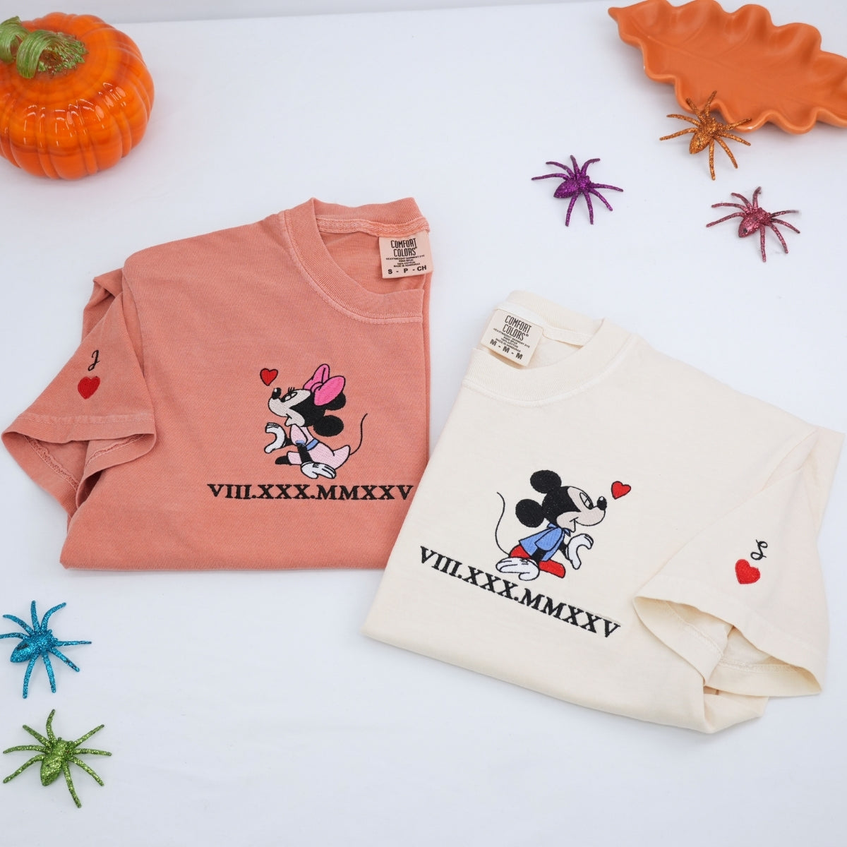 Custom Embroidered Cartoon Mouse Heart Roman Numeral Date Matching T-shirts for Couples