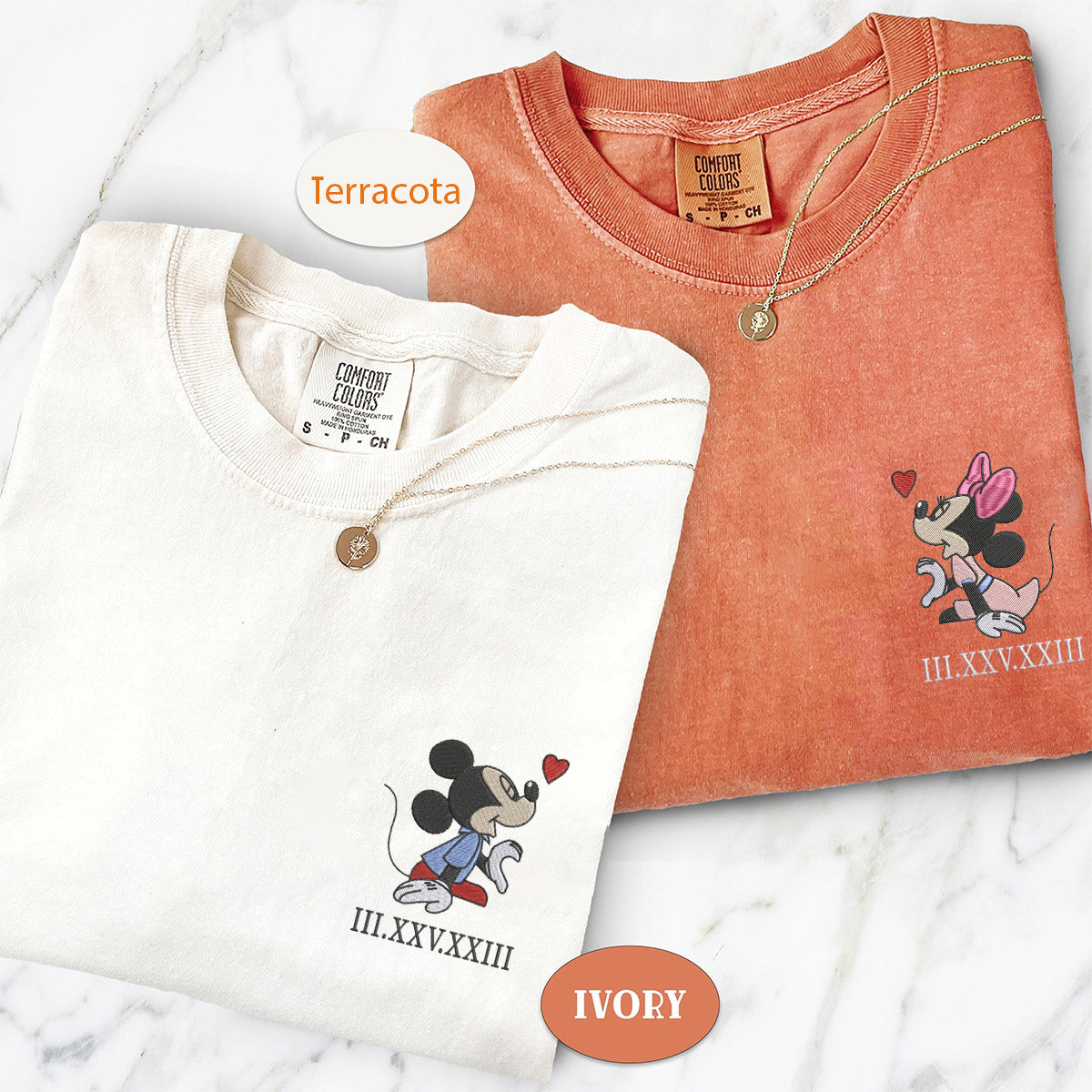 Custom Embroidered Cartoon Mouse Heart Roman Numeral Date Matching T-shirts for Couples