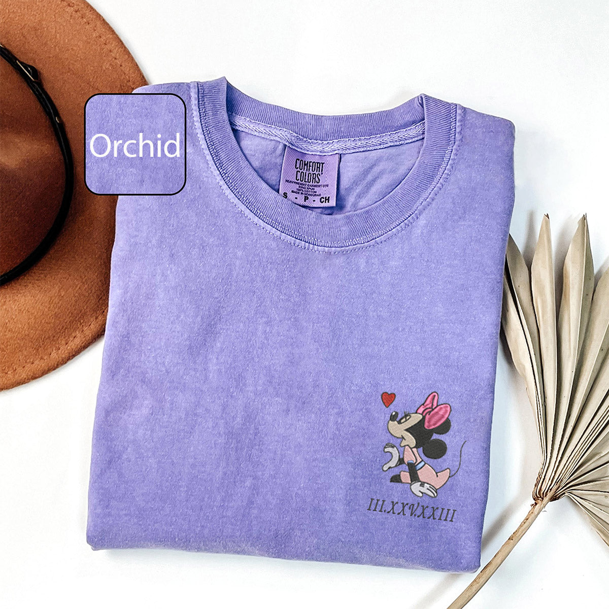 Custom Embroidered Cartoon Mouse Heart Roman Numeral Date Matching T-shirts for Couples