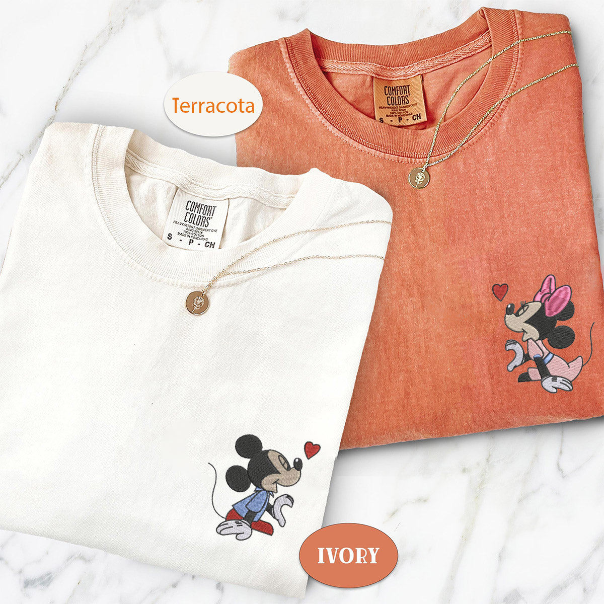 Custom Embroidered Cartoon Mouse Heart T-shirts for Couples