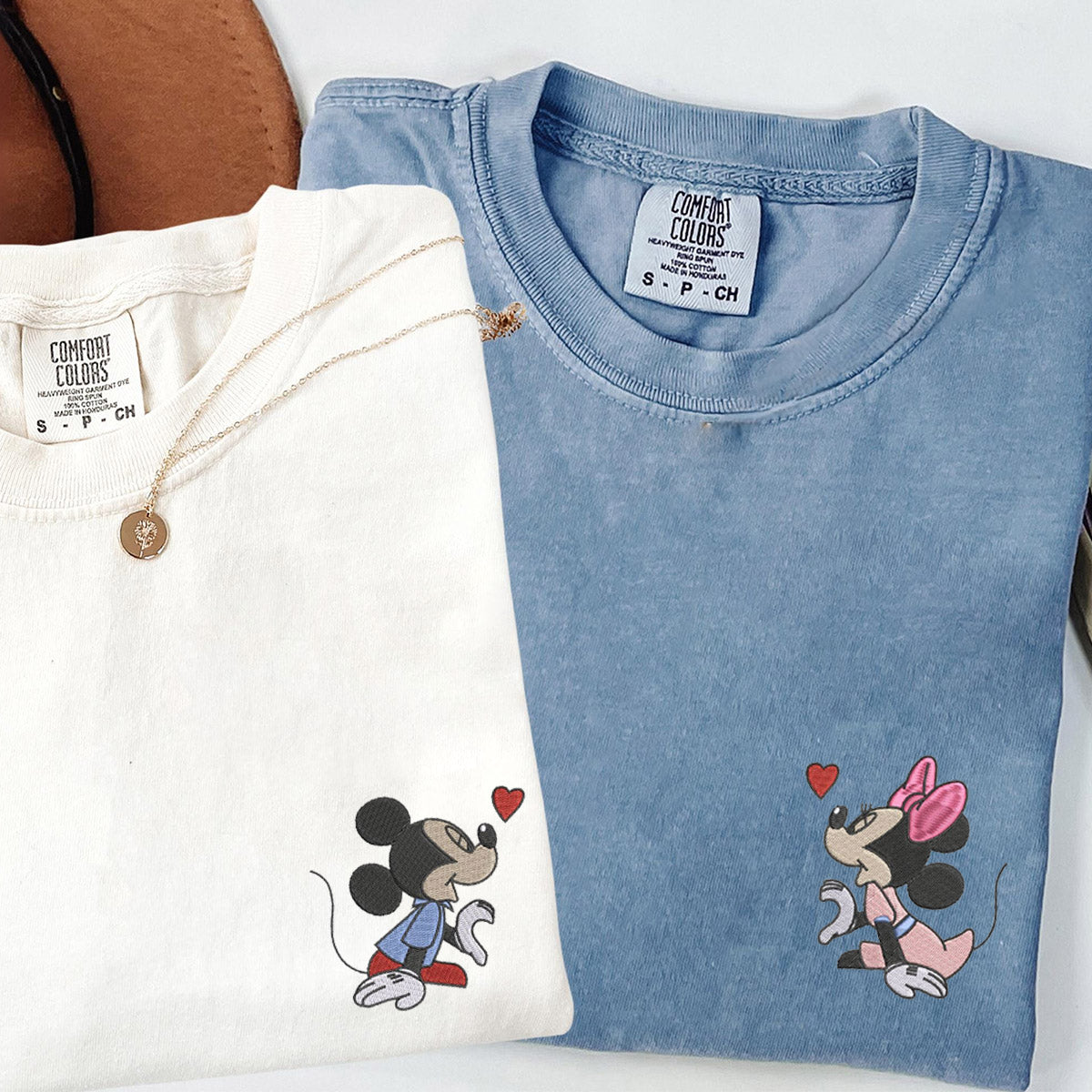 Custom Embroidered Cartoon Mouse Heart T-shirts for Couples