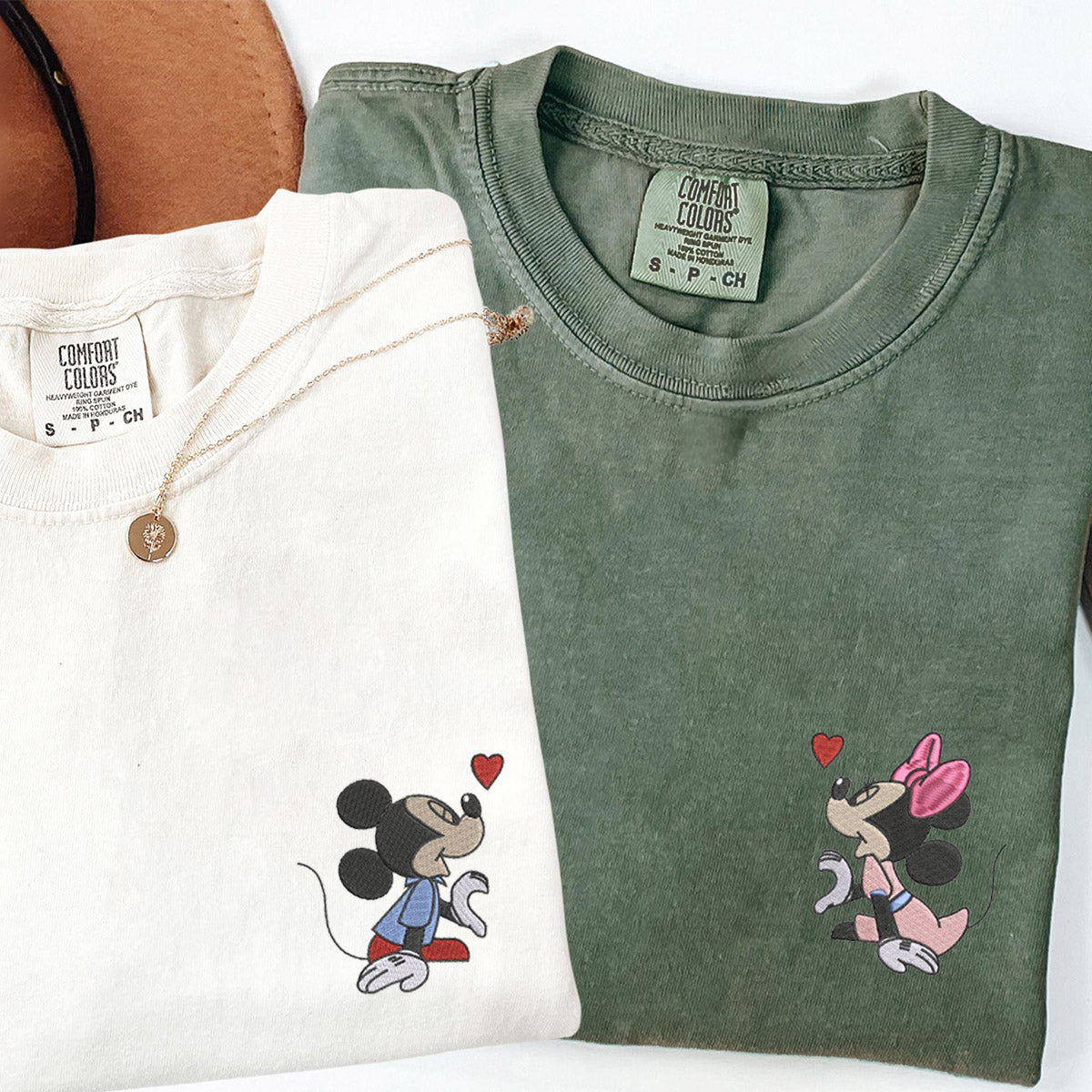 Custom Embroidered Cartoon Mouse Heart T-shirts for Couples