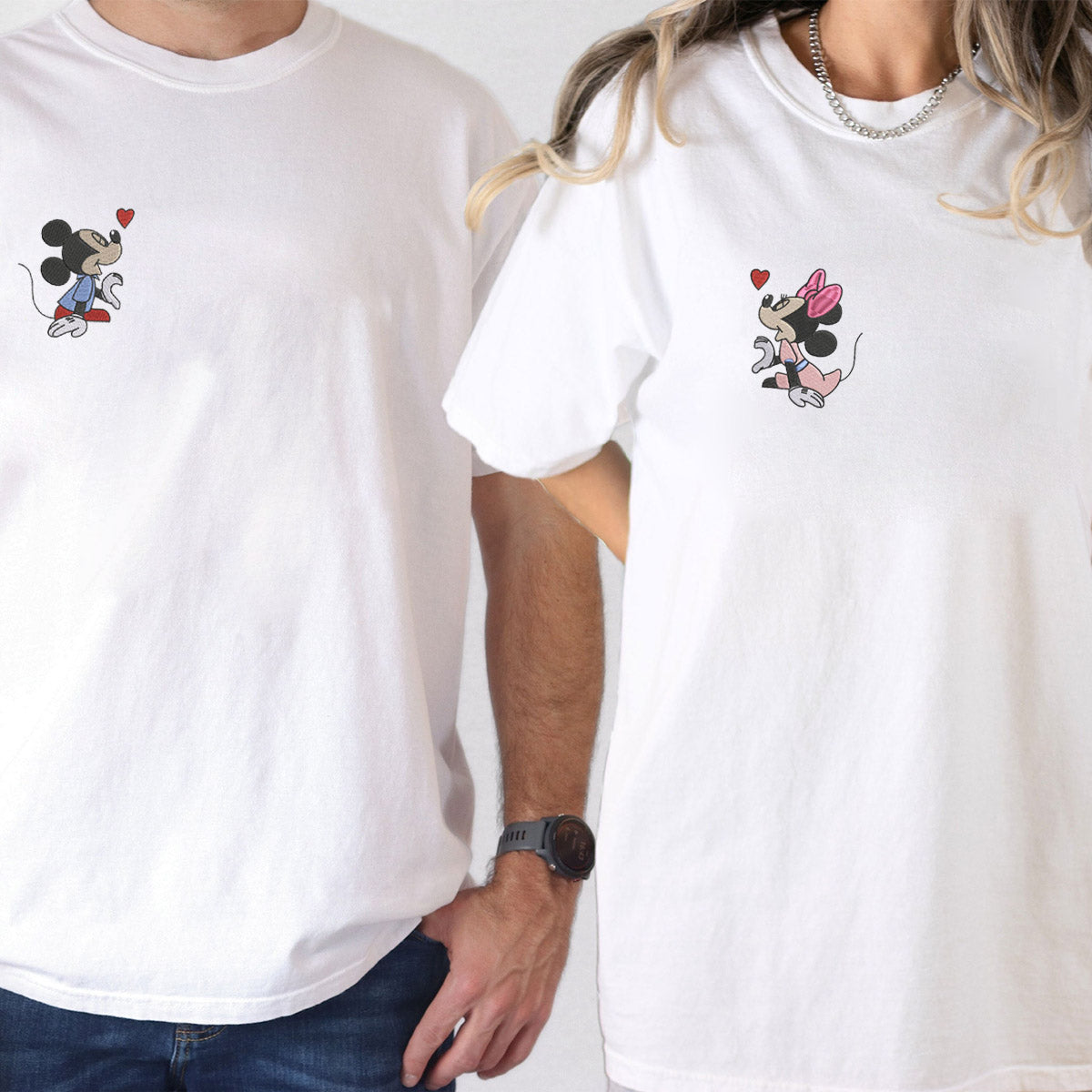 Custom Embroidered Cartoon Mouse Heart T-shirts for Couples