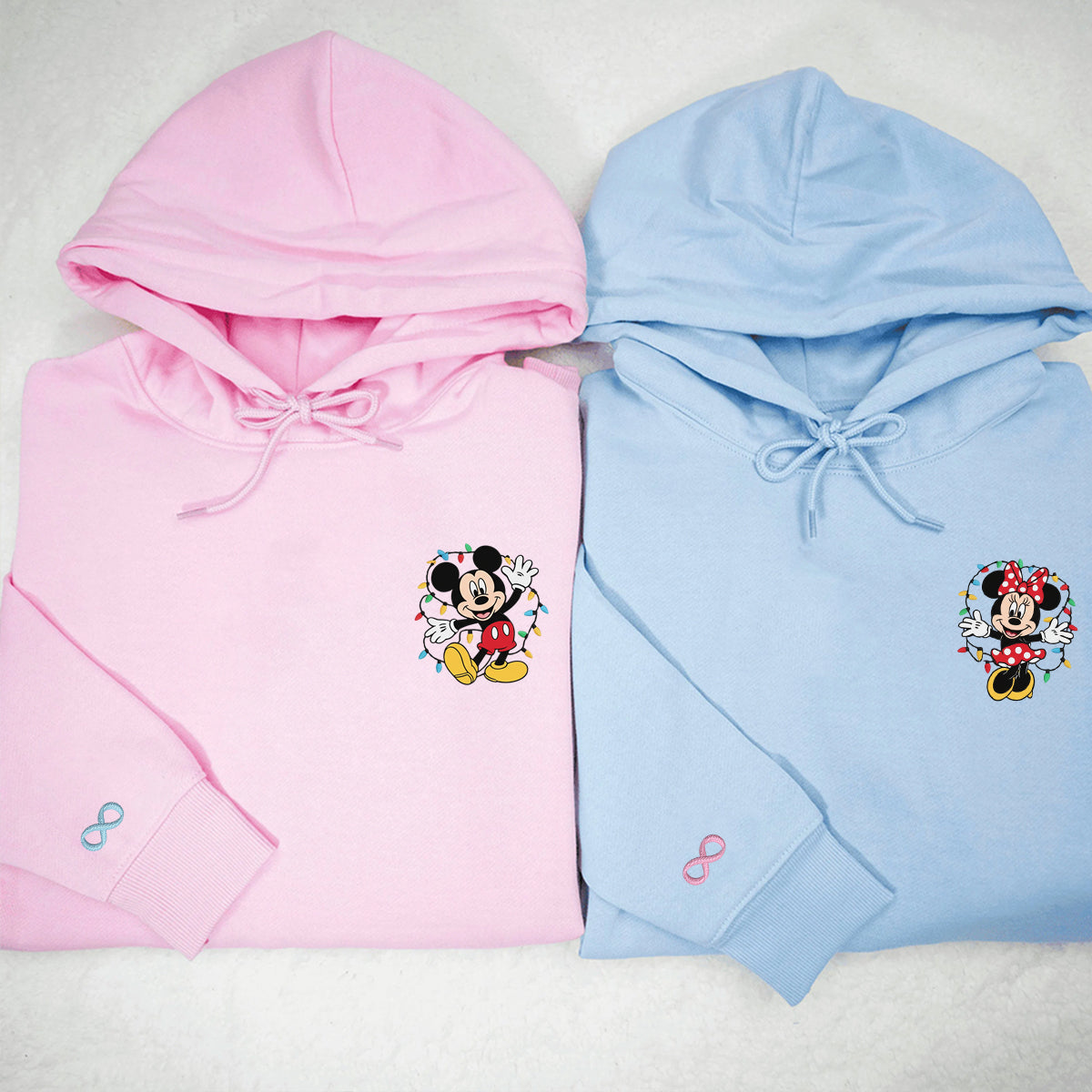 Custom Embroidered Cartoon Mouse Pair Christmas Hoodie, Cozy Winter Season Matching for Couples