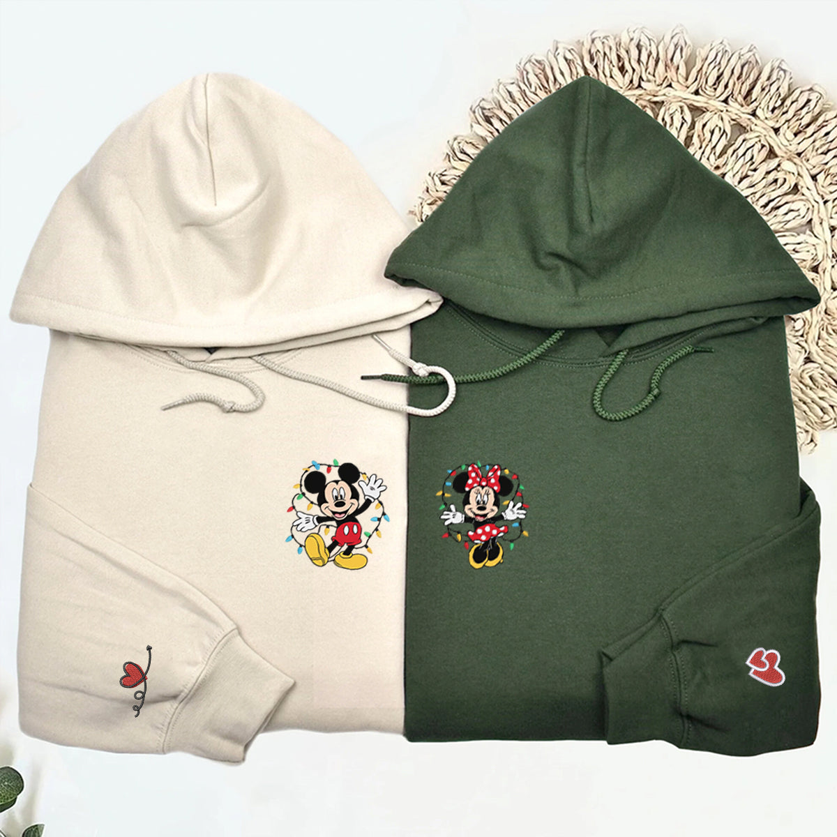 Custom Embroidered Cartoon Mouse Pair Christmas Hoodie, Cozy Winter Season Matching for Couples