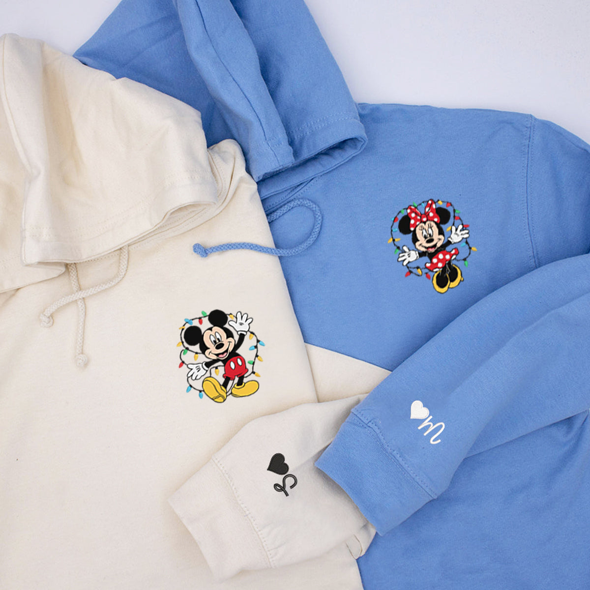 Custom Embroidered Cartoon Mouse Pair Christmas Hoodie, Cozy Winter Season Matching for Couples
