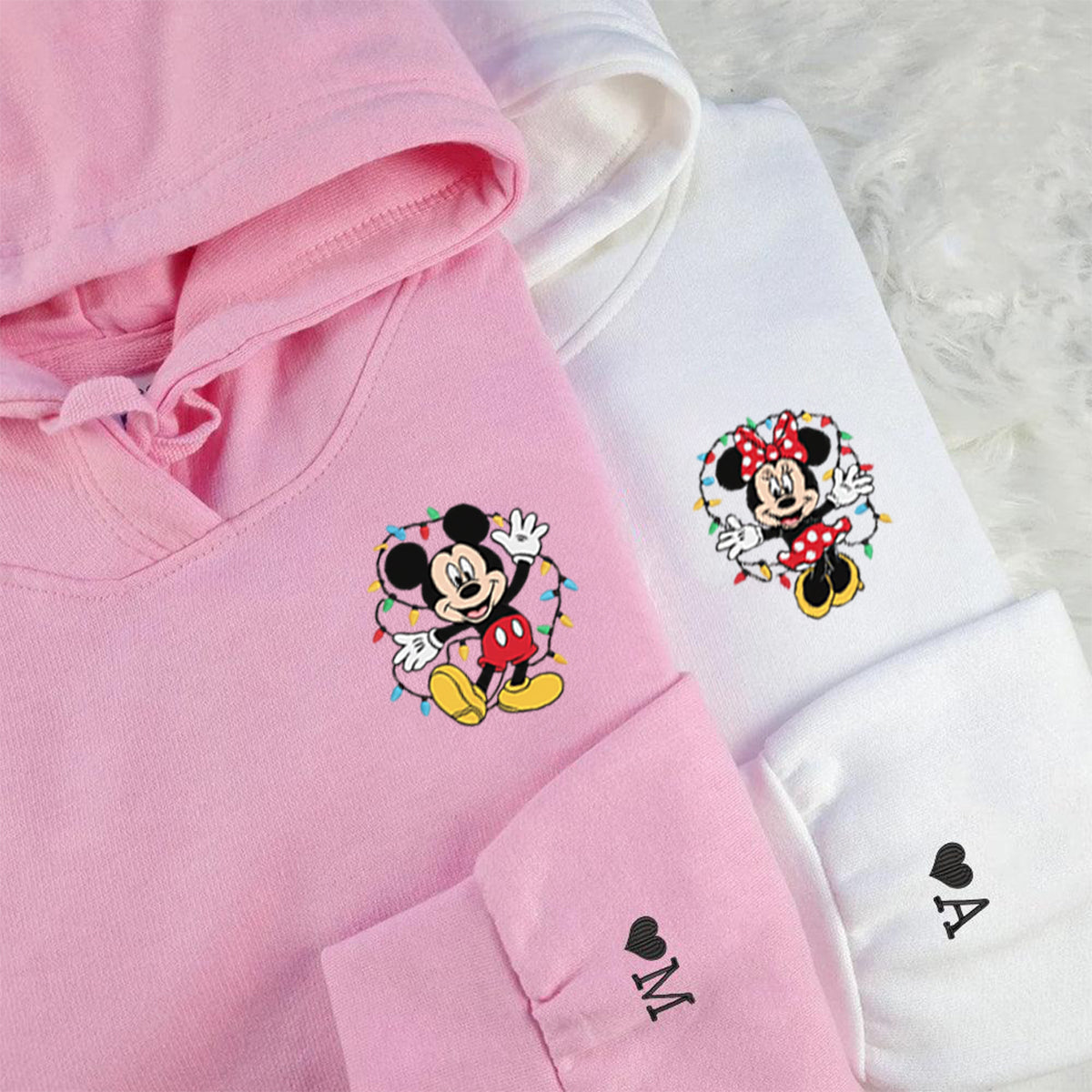 Custom Embroidered Cartoon Mouse Pair Christmas Hoodie, Cozy Winter Season Matching for Couples
