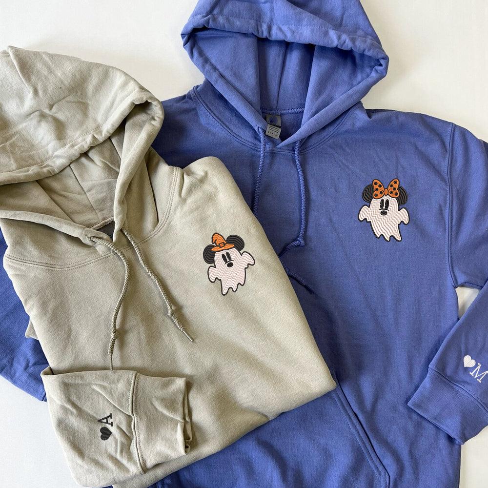 Custom Halloween Embroidered Hoodies For Couples, Custom Embroidered Cartoon Mouses Ghost Spooky Couples Embroidered Hoodies Hoodie V4 - Custom Matching Couple