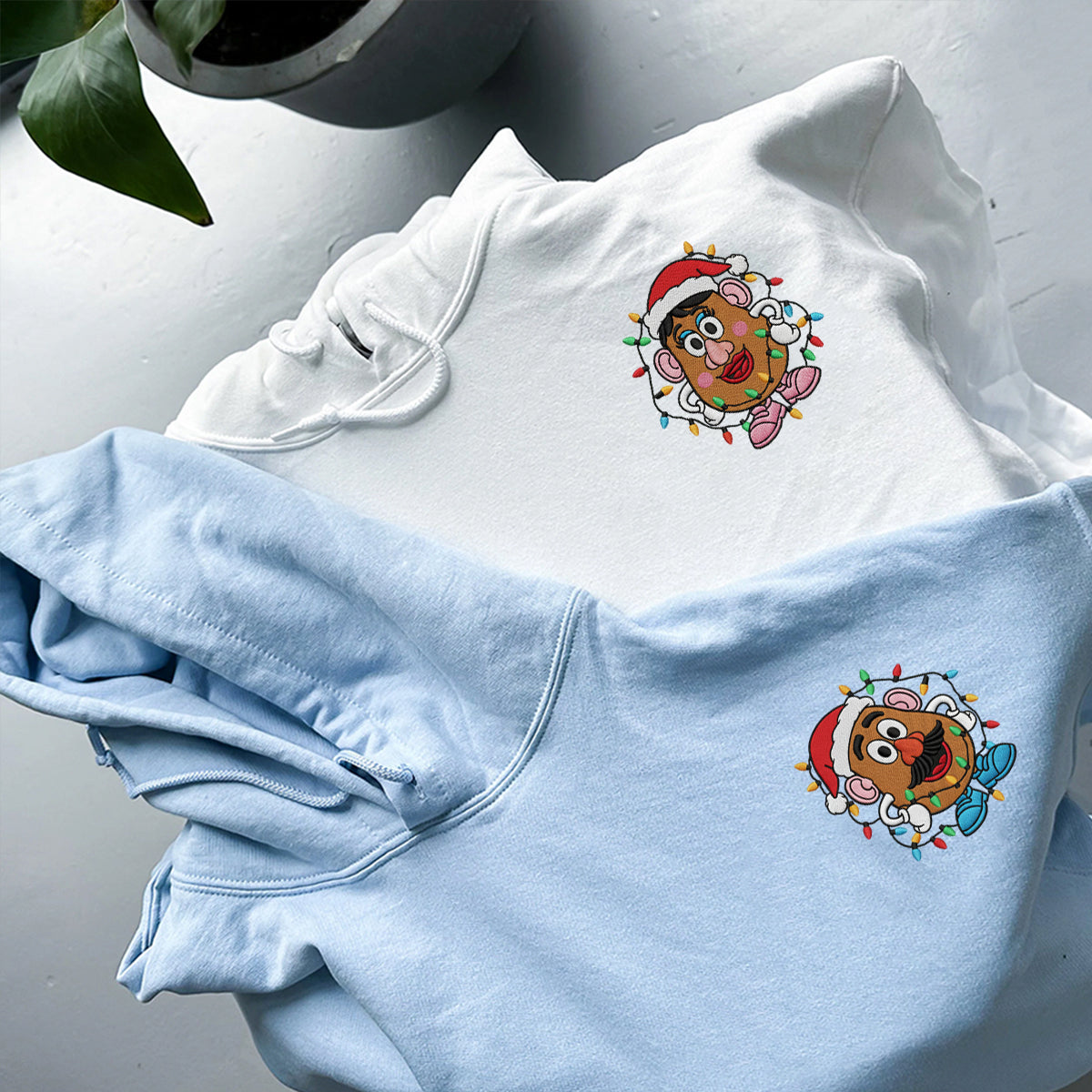 Custom Embroidered Cartoon Potato Couple Christmas Hoodie, Cozy Holiday Sweatshirt Matching for Couples