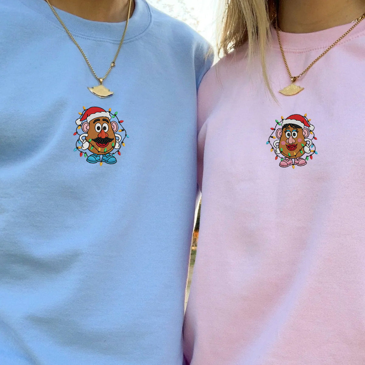 Custom Embroidered Cartoon Potato Couple Christmas Hoodie, Cozy Holiday Sweatshirt Matching for Couples