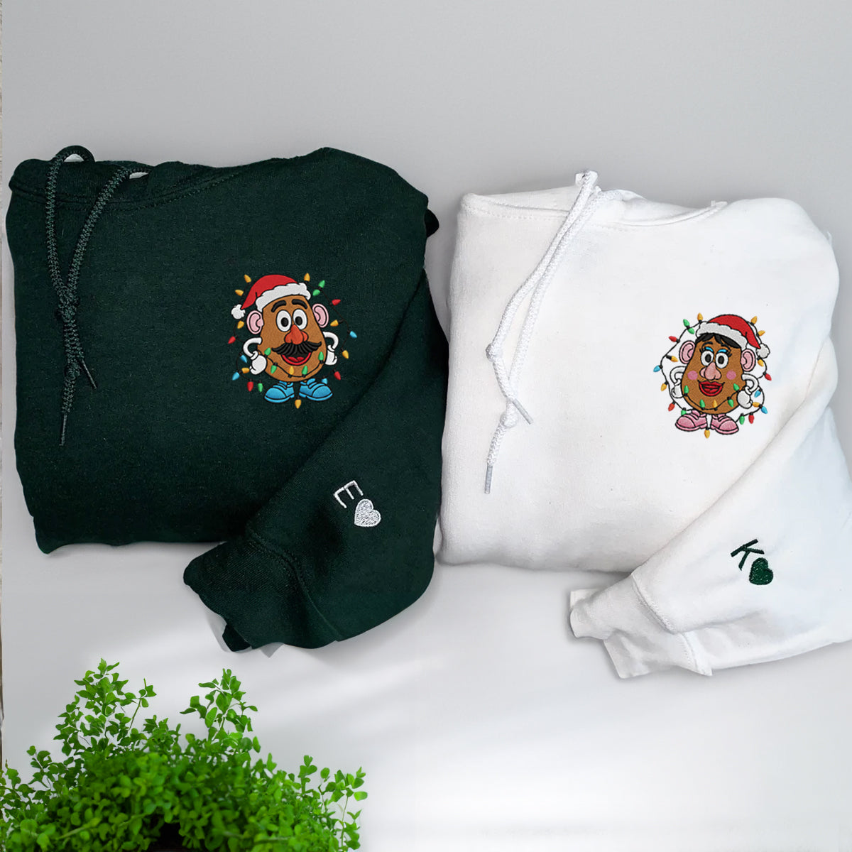 Custom Embroidered Cartoon Potato Couple Christmas Hoodie, Cozy Holiday Sweatshirt Matching for Couples