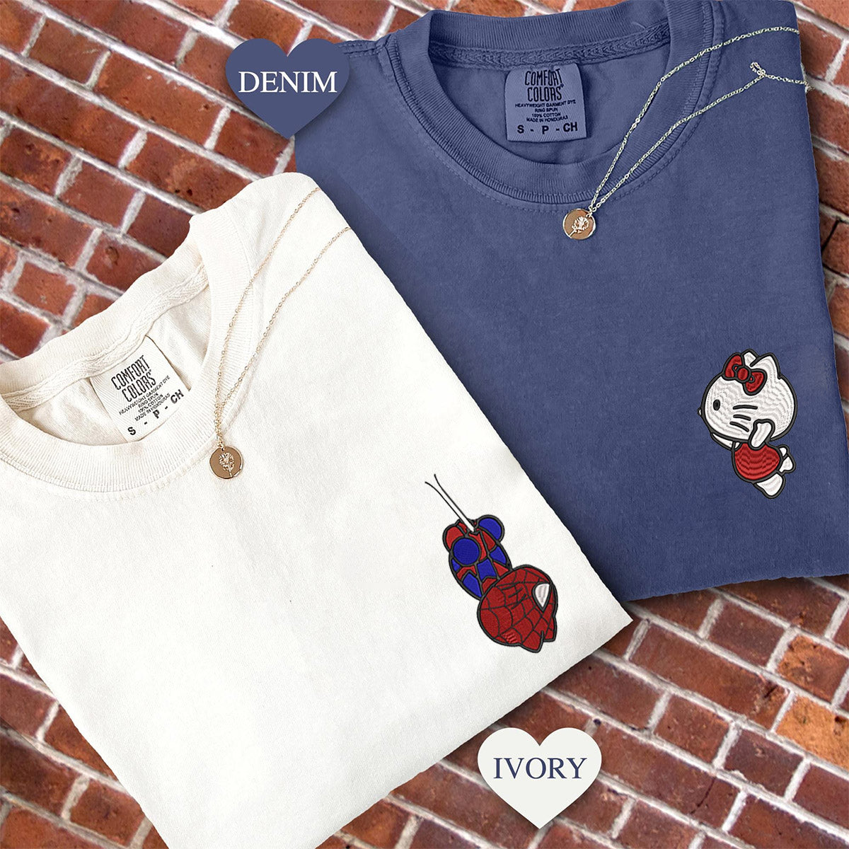 Custom Embroidered Cartoon Spider and Kitten V2 Matching T-shirts for Couples